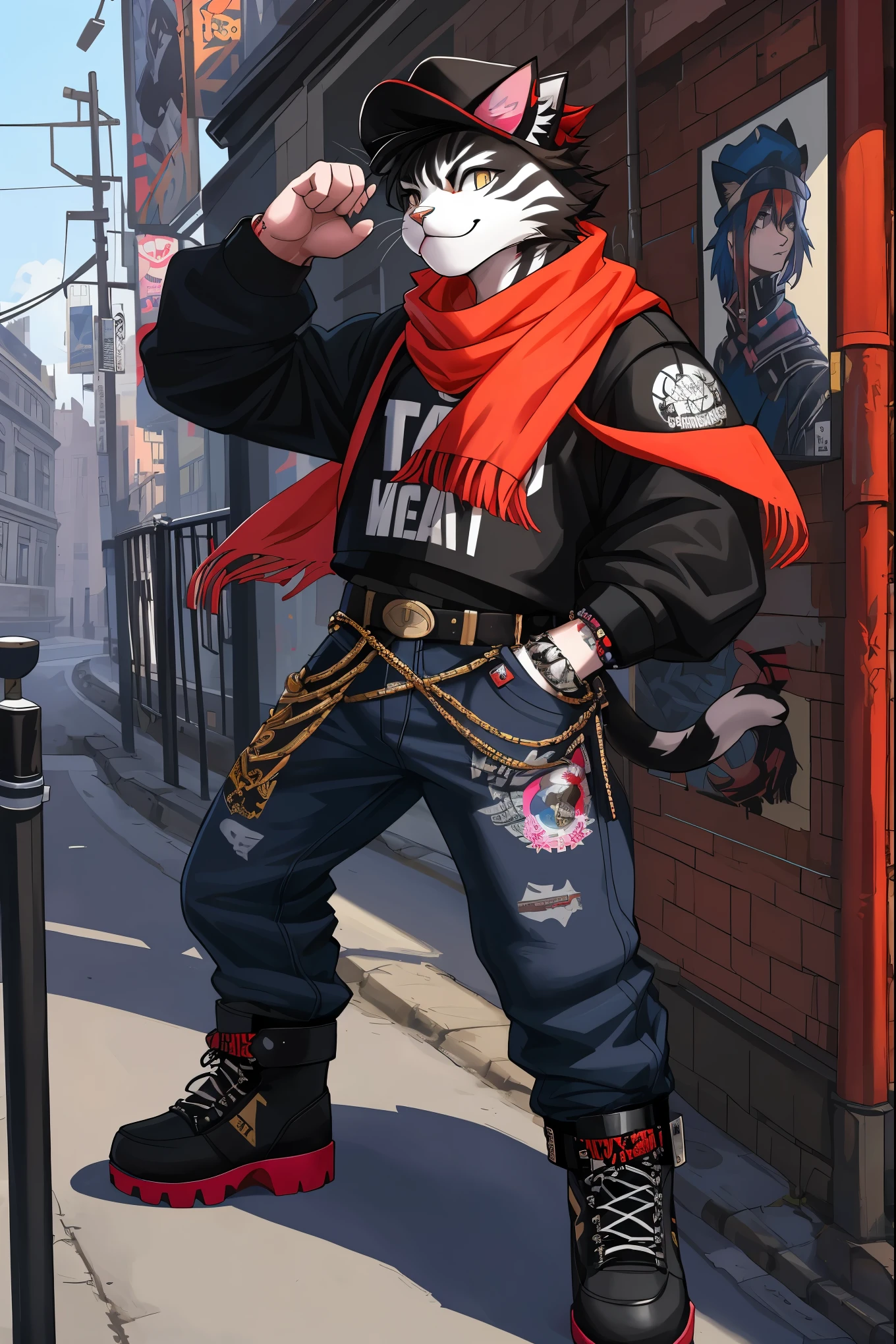 a painting of a cat wearing a hat and scarf, trending in the art station, dressed in punk clothes, detailed hyper realistic rendering, british gang member, street style, intimidating pose, planet of the cats, clothes with fashion, urban samurai, meow, west slavic features, 8 1 5