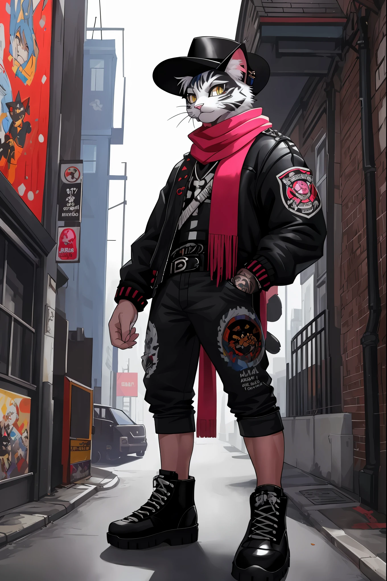 a painting of a cat wearing a hat and scarf, trending in the art station, dressed in punk clothes, detailed hyper realistic rendering, british gang member, street style, intimidating pose, planet of the cats, clothes with fashion, urban samurai, meow, west slavic features, 8 1 5