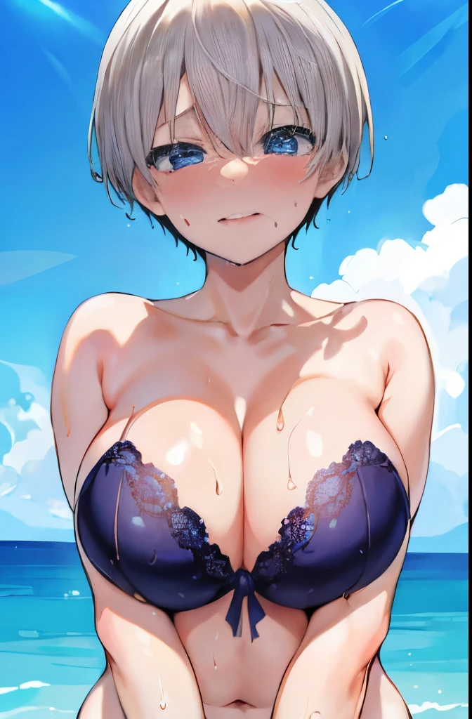 masterpiece、highest quality、be familiar with、1 female、18-year-old、Transparent blue eyes、blonde、black skin、((embarrassed face、blush、Watery eye、full of embarrassment、oil skin、shiny skin)), short hair、Seductive thighs、big breasts、big breastsの谷間、((スクール水着、プール)), ((full shot, 下品))、wet、明るい太陽光線