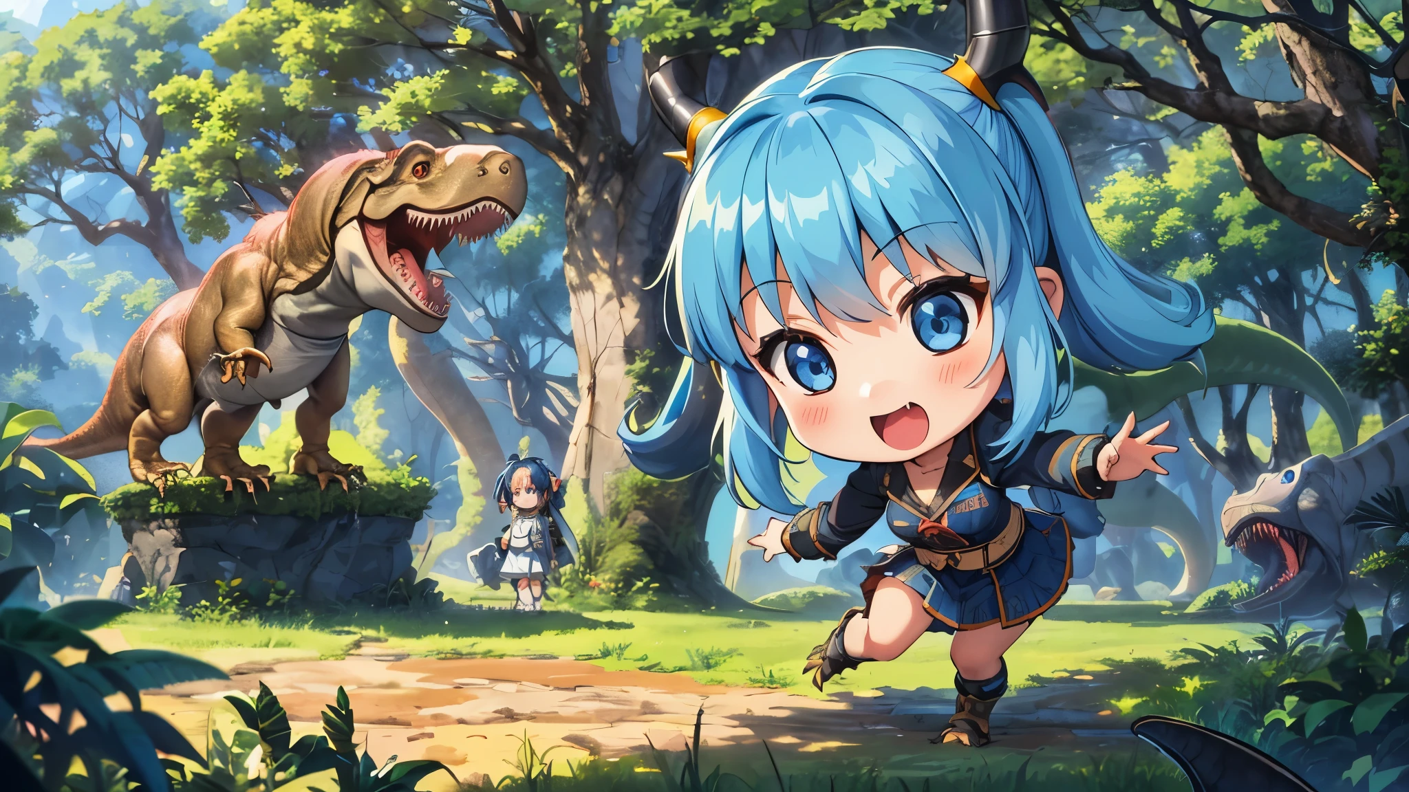 (girl), (t-REX, Tyrannosaurus head:1.3), (Big Museum)、light blue long hair、 Chibi character with twin tails、platinum skin, surprised smile, 
 Earth in primitive times、 Big tree, Little dinosaur