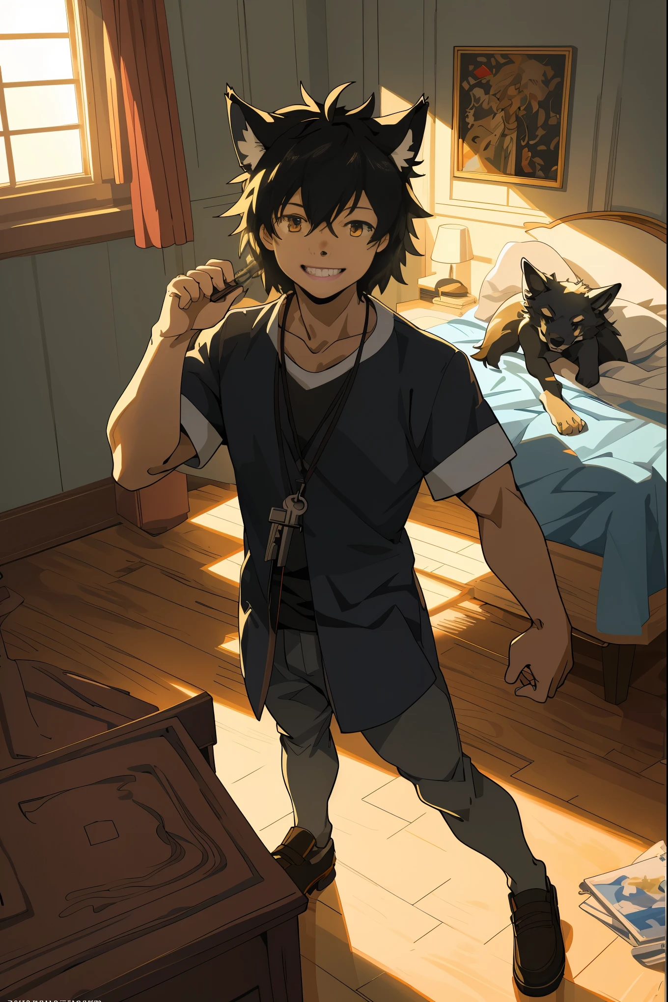 cover page, anime key visual, highres, top quality, best quality, paid reward available, High-quality illustrations, unparalleled masterpiece, perfect artwork, absurdres(home video, 1girl, husband of wolf)family, in house, in room, smile, happy, perfect anatomy, fan-created work shared on platforms Pixiv or Twitter, cinematic lighting,