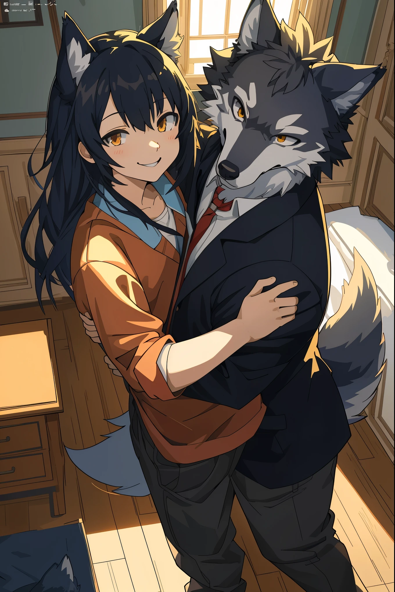 top quality, best quality, highres, unparalleled masterpiece, perfect artwork, paid reward available, indoor, couple of comics(super cute 1girl, 1wolf, kemono, furry anthro)tumblr, sosaku hanga, black and white manga page, manga page, doujin, ddlc, anime, comedy comic, black and white manga panel, zerochan,