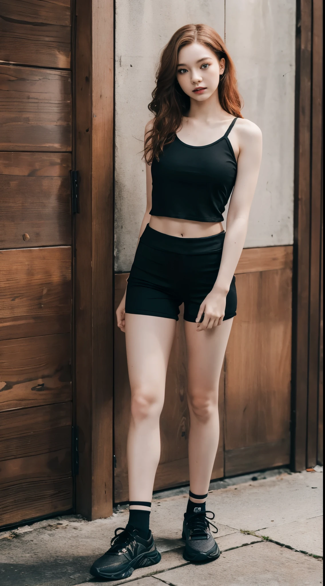 (8k,4k, masterpiece, hyper extreme detailed:1.2), best quality, Emma myers, 17 years old face, 17 years old skin, red wavy hair, black tanktop, black short pants, looking at viewers, standing, full body potrait, perfect skin, black shoes, realistic, fear expression