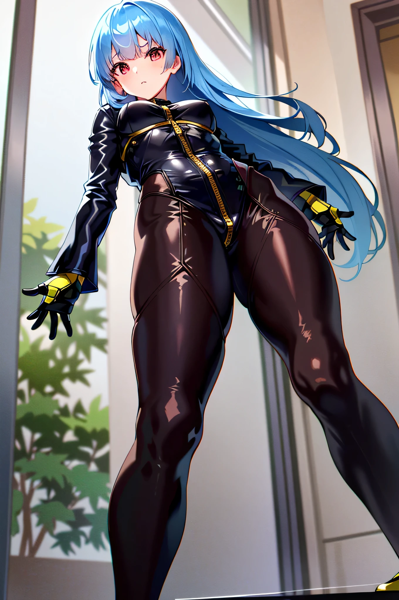 ((ultra detailed, masterpiece, absurdres))
 KOFKulaD, 1girl, long hair, blue hair, red eyes, bangs,bodysuit, gloves, zipper, overlooking the classroom, chic outfit, standing