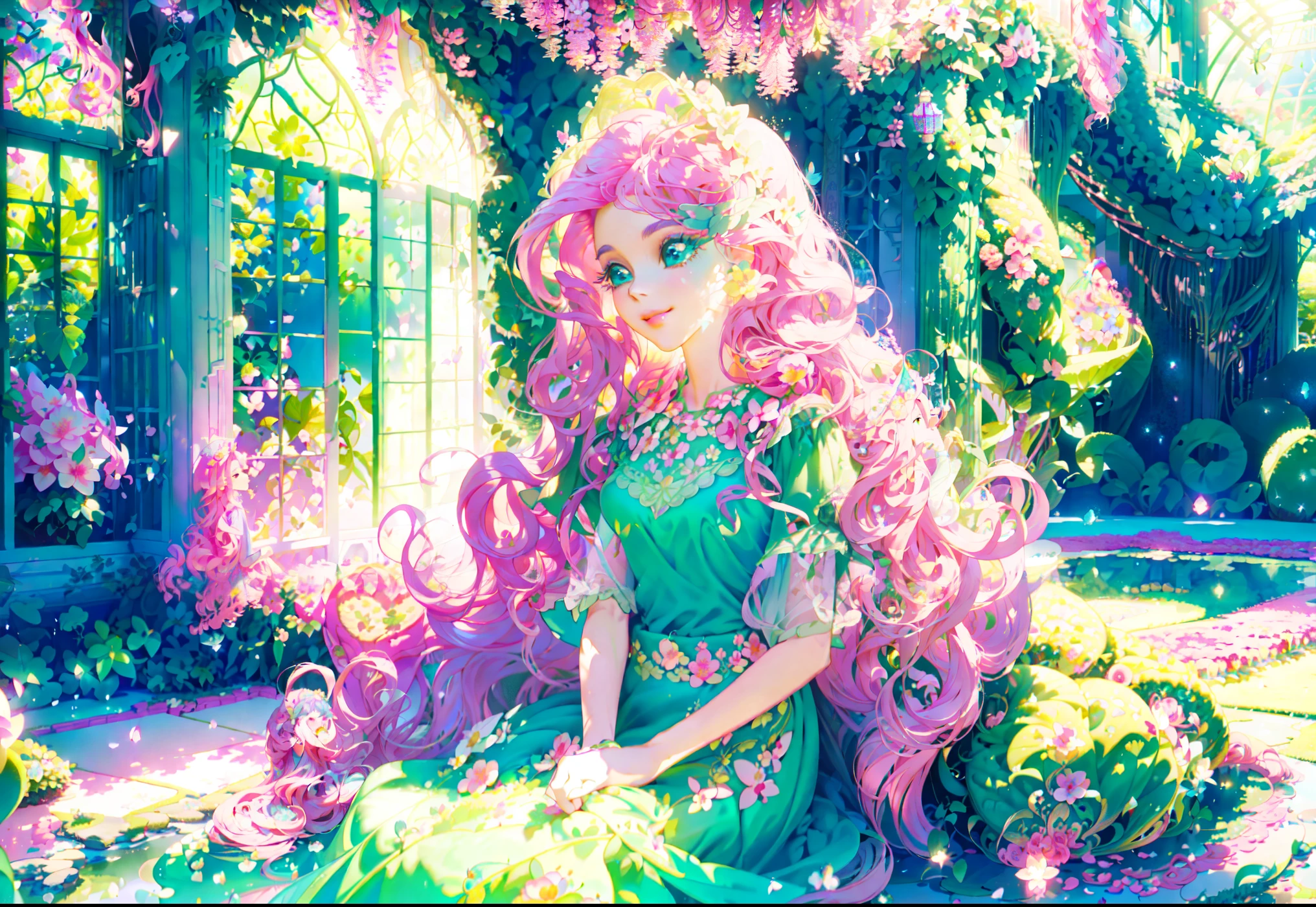 Fluttershy, fluttershy from equestria girls, fluttershy in the form of a young woman, lush breast, (pink long wavy hair:1.5), soft sweet shy smile, flowers, butterflies, (top quality, masterpiece, ultra-realistic), ((indoor in a green botanical garden:1.5)), dome, lots of flowers, dense mass plants, ((the background landscape is a garden with petals)), Dahlia peony flowers everywhere, turquoise eyes, ((green dress with butterflies patterns on it)), butterfly hair clip, detailed lighting, sunlight, ((yellow pure light)), sitting, heavenly plants, hanging flower pots, pink and green flowers everywhere, flower crown, green glass dome, extremely long hair, (light yellow skin 1.5), yellow pony ears, golden lighting, LAVENDER FLOWER EVERYWHERE, LILAC FLOWERS EVERYWHERE, pink roses everywhere, PINK HAIR PINK HAIR PINK HAIR, ((WATER FALLS)), so much foliage:1.5, bushes full of flowers