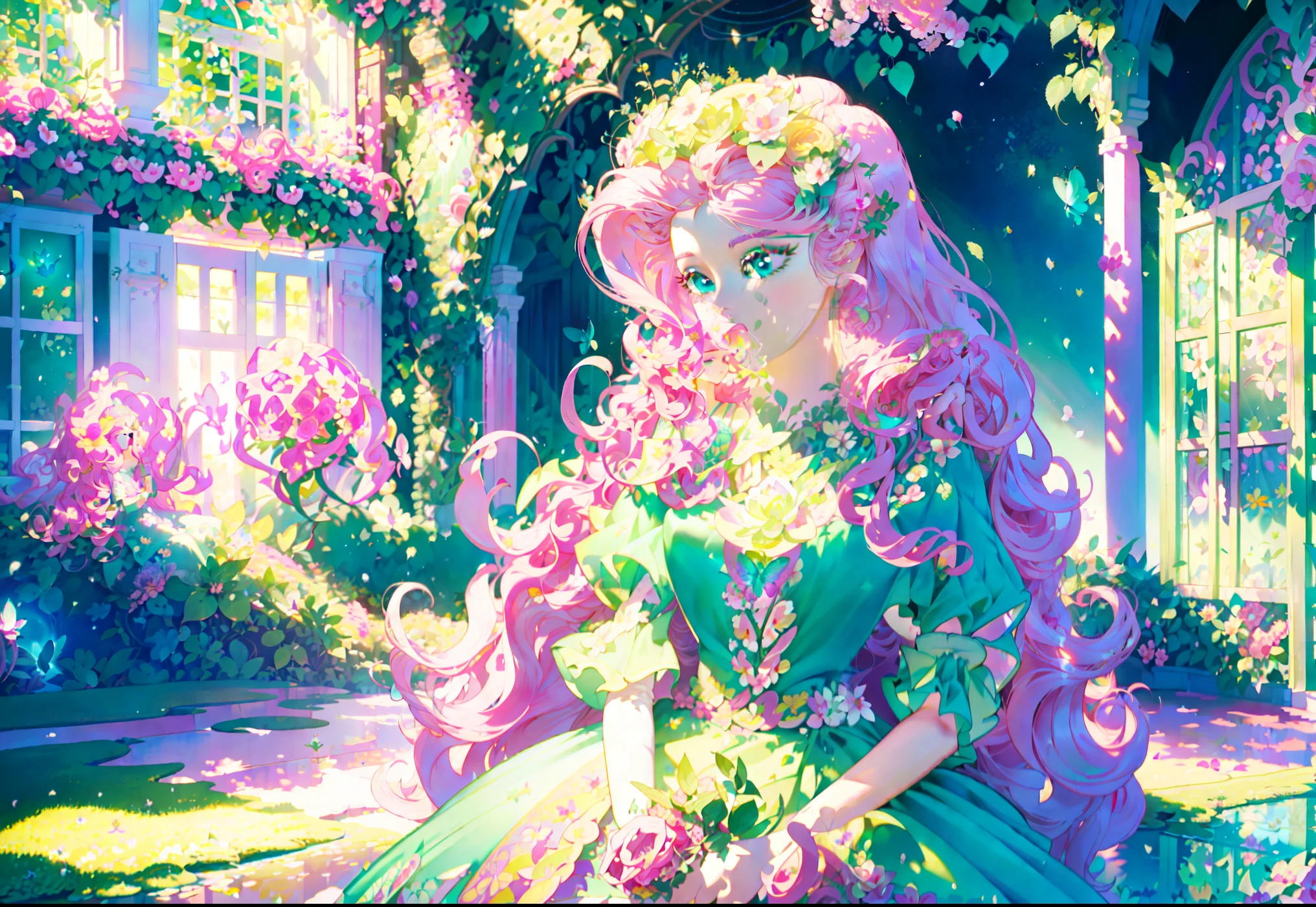 Fluttershy, fluttershy from equestria girls, fluttershy in the form of a young woman, lush breast, (pink long wavy hair:1.5), soft sweet shy smile, flowers, butterflies, (top quality, masterpiece, ultra-realistic), ((indoor in a green botanical garden:1.5)), dome, lots of flowers, dense mass plants, ((the background landscape is a garden with petals)), Dahlia peony flowers everywhere, turquoise eyes, ((green dress with butterflies patterns on it)), butterfly hair clip, detailed lighting, sunlight, ((yellow pure light)), sitting, heavenly plants, hanging flower pots, pink and green flowers everywhere, flower crown, green glass dome, extremely long hair, (light yellow skin 1.5), yellow pony ears, golden lighting, LAVENDER FLOWER EVERYWHERE, LILAC FLOWERS EVERYWHERE, pink roses everywhere, PINK HAIR PINK HAIR PINK HAIR, ((WATER FALLS)), so much foliage:1.5, bushes full of flowers