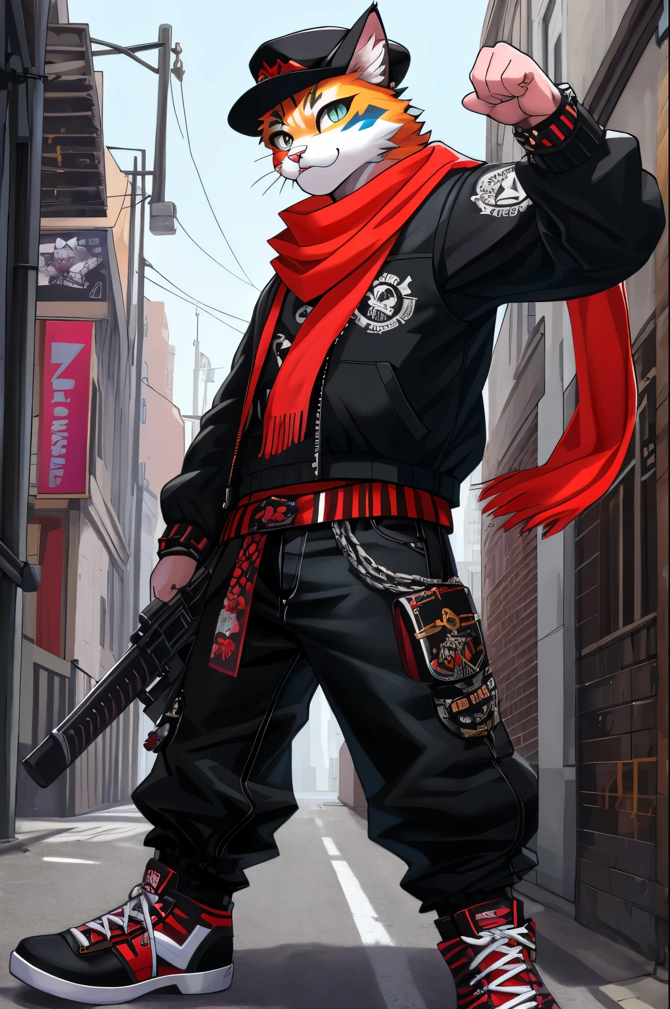 a painting of a cat wearing a hat and scarf, trending in the art station, dressed in punk clothes, detailed hyper realistic rendering, british gang member, street style, intimidating pose, planet of the cats, clothes with fashion, urban samurai, meow, west slavic features, 8 1 5