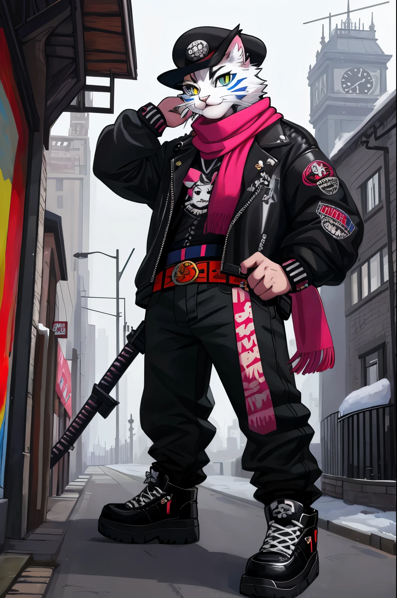 a painting of a cat wearing a hat and scarf, trending in the art station, dressed in punk clothes, detailed hyper realistic rendering, british gang member, street style, intimidating pose, planet of the cats, clothes with fashion, urban samurai, meow, west slavic features, 8 1 5
