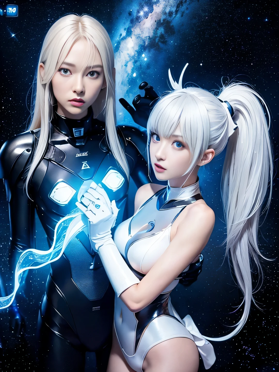 Uchu Sentai Space Monster、2 white female members、slender muscular body、silver steel body、Blue eyes shine、space background