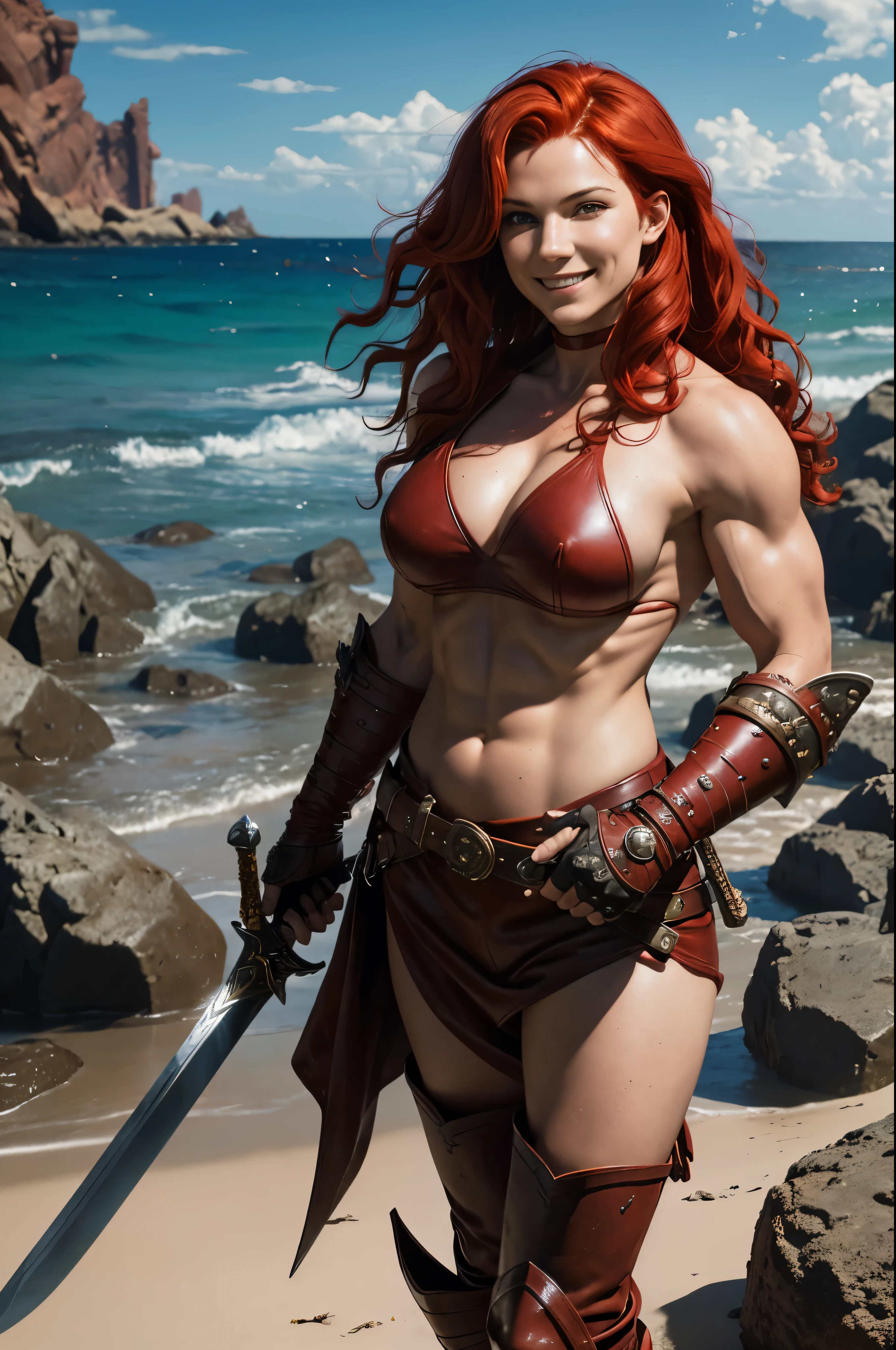 Red Sonya, (wavy red hair), muscular, (topless), leather boots, gauntlets, sword, scabbard, smiling, fun, relaxing on a deserted rocky beach, dramatic lighting, (depth of field), ((masterpiece)), ((best quality)), ((highly detailed))