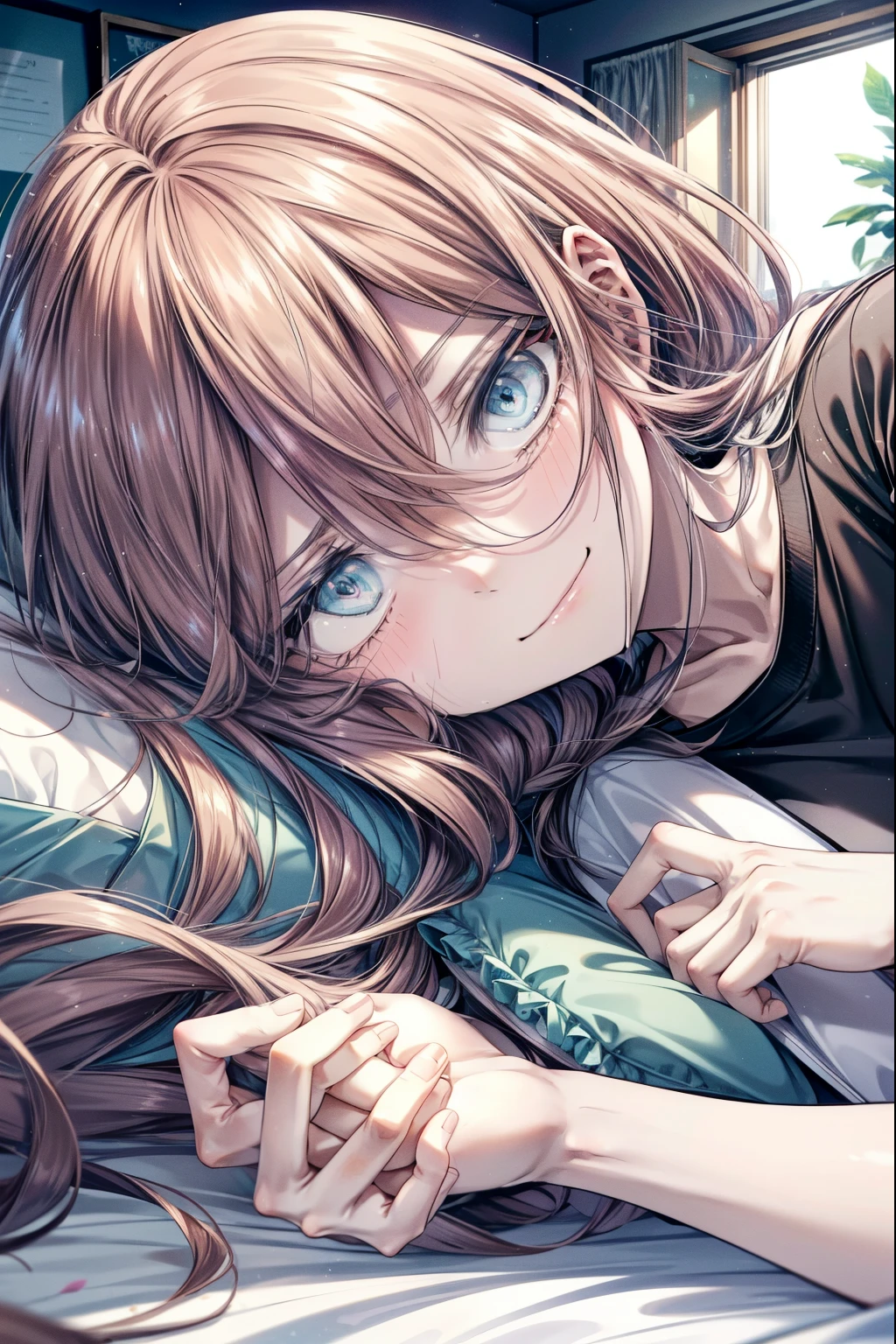 miku nakano, Nakano Miku Ticket III, long hair, bangs, blue eyes, brown hair, hair between eyes, wake up,sleepy,slightly open t-shirt,black string underwear,barefoot,smile,Bedroom,light goes out, covered with a blanket, windows,ロマンチックなmorning日,morning,extreme light,
break indoors, Bedroom,
break (masterpiece:1.2), highest quality, High resolution, unity 8k wallpaper, (shape:0.8), (beautiful and detailed eyes:1.6), highly detailed face, perfect lighting, Very detailed CG, (perfect hands, perfect anatomy),