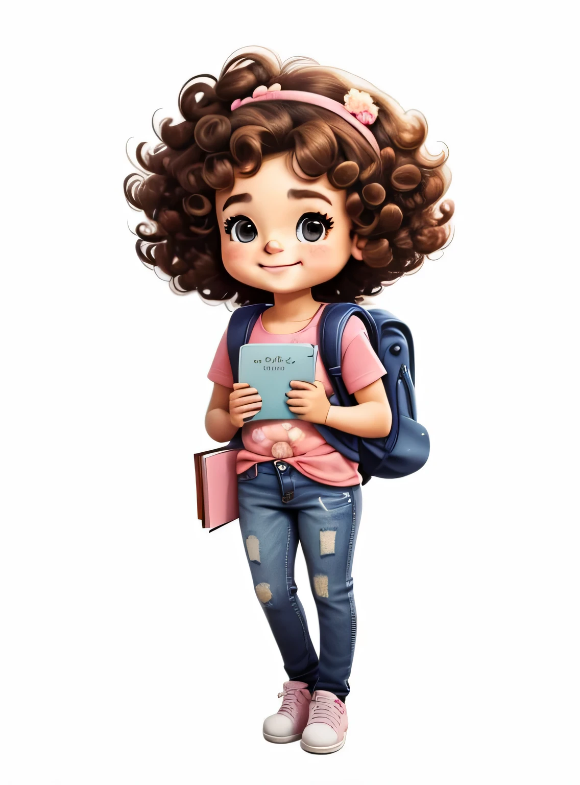 Generate image of a bonitinho , curly hair standing full body, ansioso, segurando o livro, sorridente; jeans e camiseta floral rosa, alta qualidade, com fundo png, 16K, clear image , bonitinho