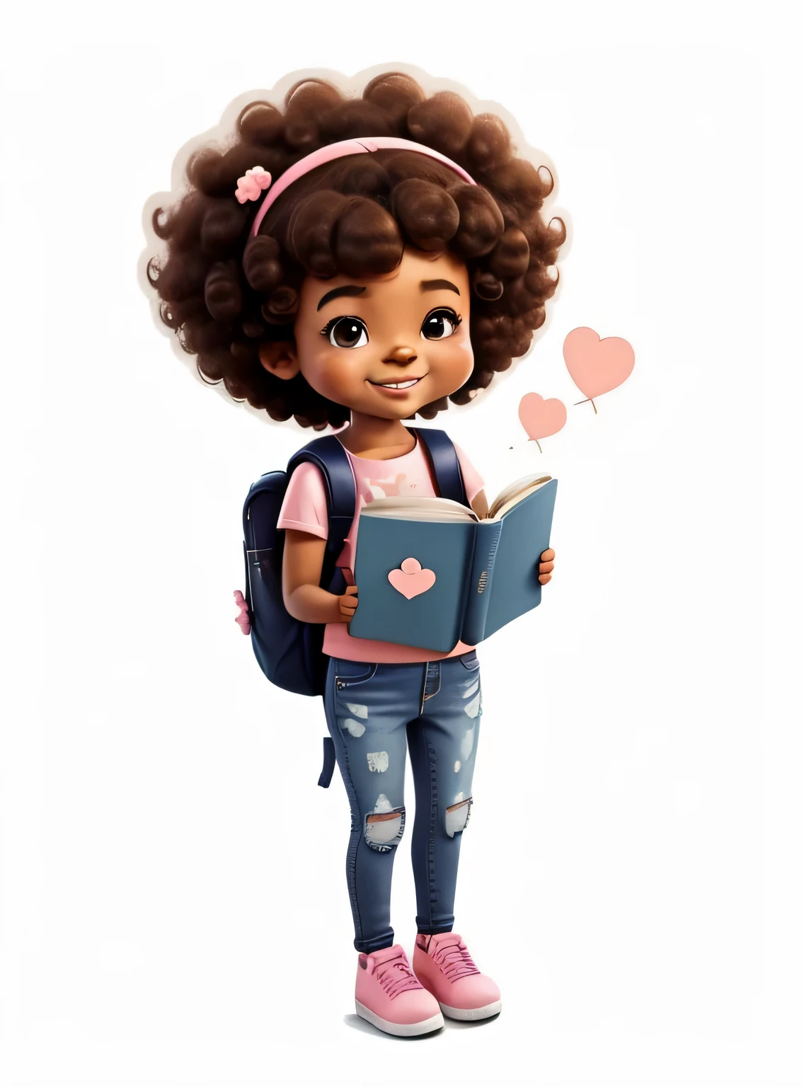 Generate image of a bonitinho little afro girl, Full body standing, ansioso, segurando o livro, sorridente; jeans e camiseta floral rosa, alta qualidade, com fundo branco, 16K, clear image , bonitinho, backpack on the floor