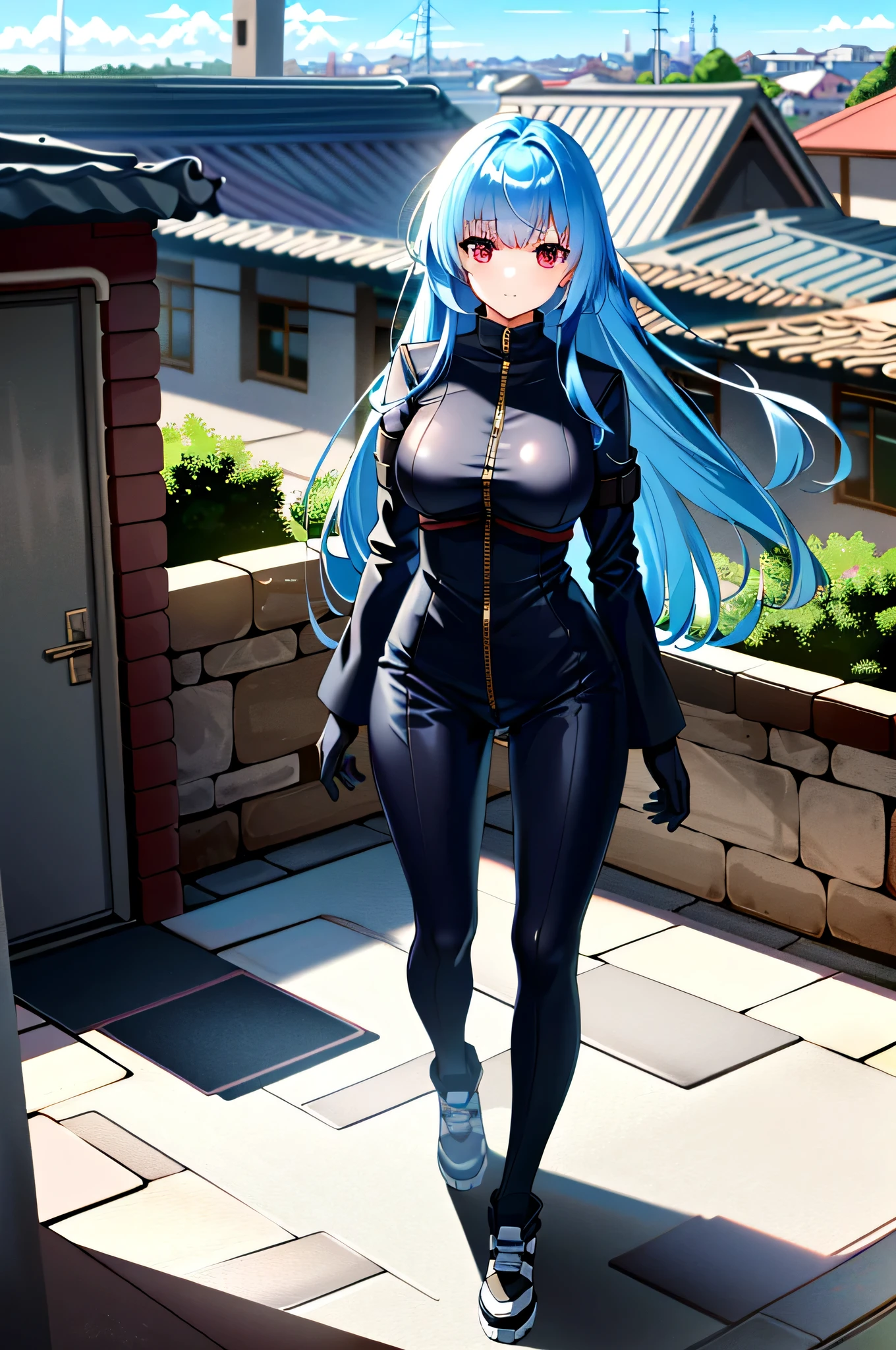 ((ultra detailed, masterpiece, absurdres)) KOFKulaD, 1girl, long hair, blue hair, red eyes, bangs,bodysuit, gloves, zipper, overlooking the classroom from a rooftop, chic outfit, standing
