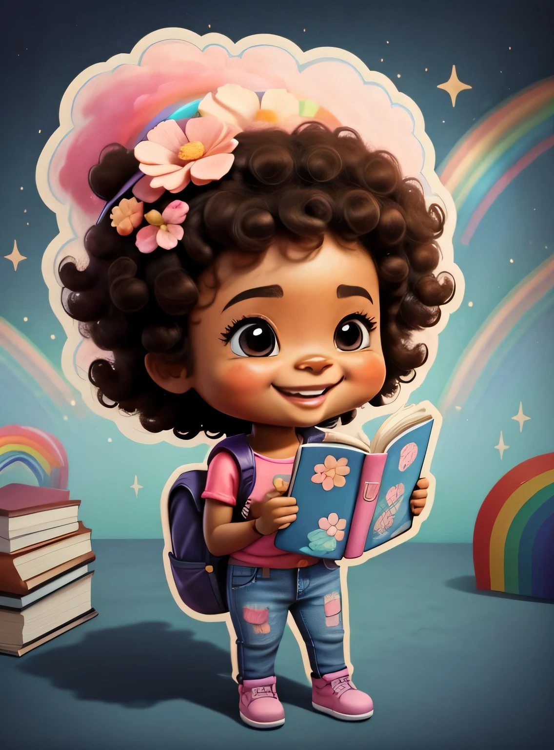 Generate image of a bonitinho little afro girl, Full body standing, ansioso, segurando o livro, sorridente; jeans e camiseta floral rosa, alta qualidade, with a rainbow background, 16K, clear image , bonitinho, backpack on the floor