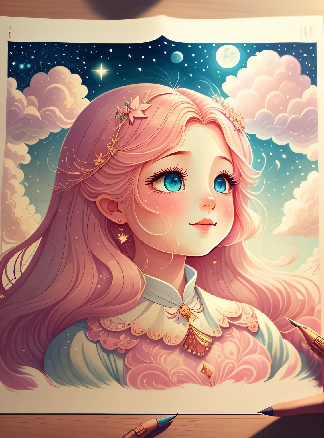 (melhor qualidade,4k,8K,A high resolution,obra-prima:1.2),ultra-detalhado,(real,realisticamente,realisticamente:1.37),dreamy sky,Nuvens suaves,As estrelas, Cercado por nuvens,admirar,peixes bonitos,Head raised,long flowing pink hair,teia,Ilustra??o de conto de fadas,funny illustration,Creative illustration,hand painted style,Arte sob luz forte,A arte da magia,storybook art,arte inspiradora,obras de arte requintadas