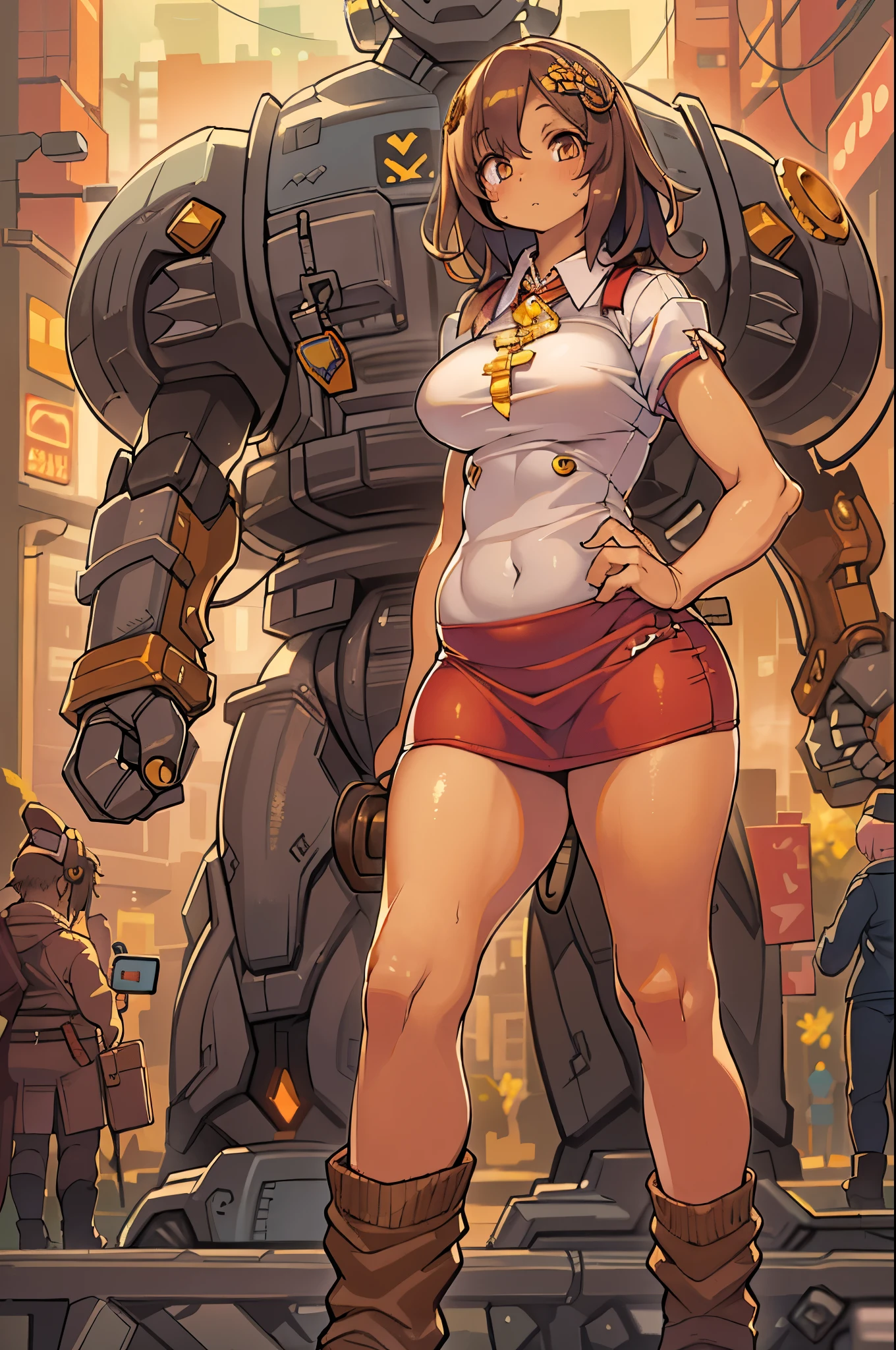 Woman in dress stands in front of giant robot, Don Mitts, portrait of sofia vergara, Promotional Art, attractive brown hair woman, Retropunk, The main character in the foreground, Inspired by Louis Paul, mechanic, anime visual of a young woman, Compute Shaders, Inspired by Donato Giancola, youtube thumbnail, Chrome Art ,thighs thighs thighs thighs, chubby, Big buttocks, Huge breasts, girl,