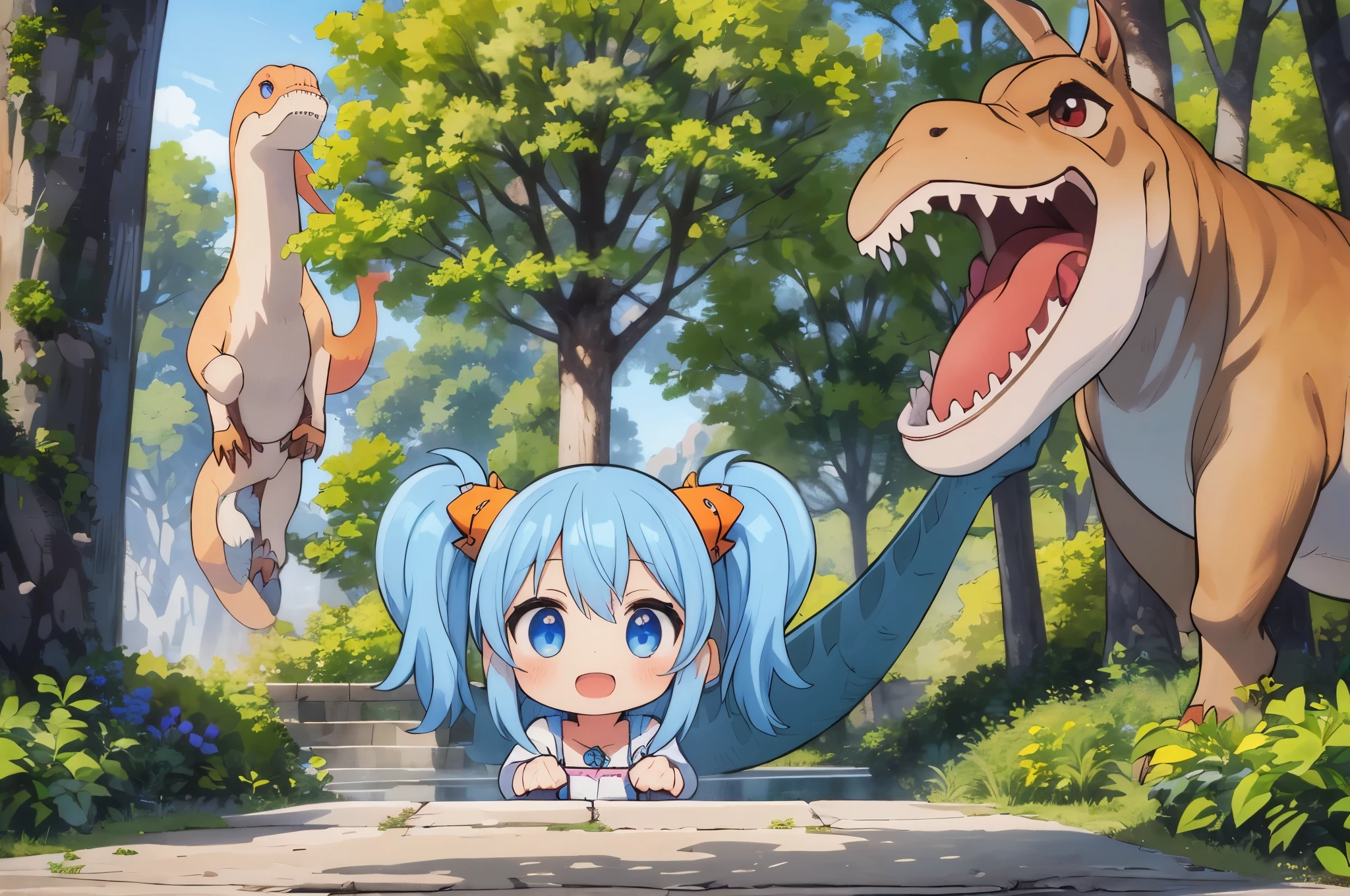 (girl), (t-REX, Tyrannosaurus head:1.3), (Big Museum)、light blue long hair、 Chibi character with twin tails、platinum skin, surprised smile, Earth in primitive times、 Big tree, Little dinosaur