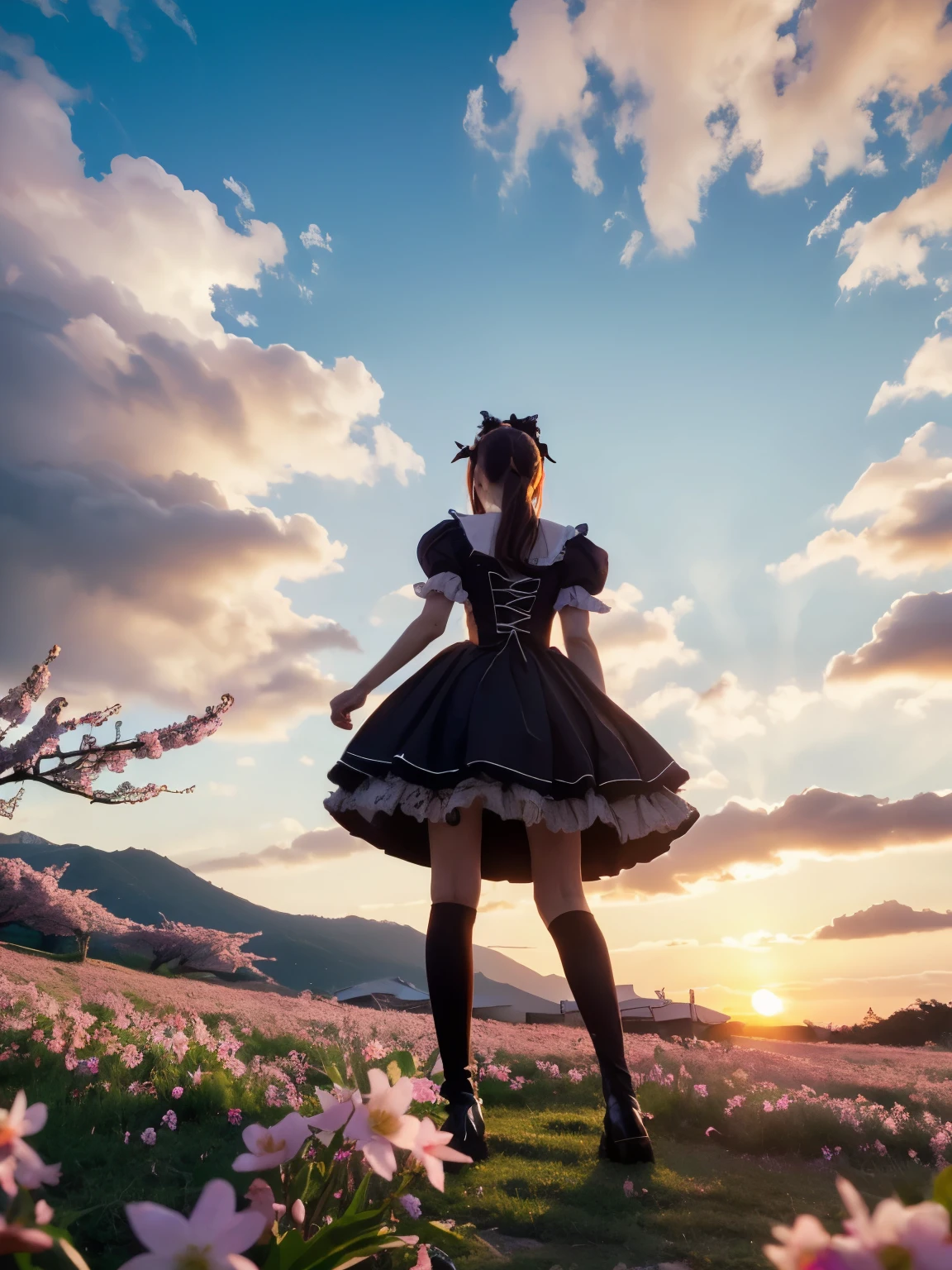 (from below:1.6), masterpiece, 4k, to be born, Bokeh, Scenery of plum blossoms in full bloom、gothic&Imagine a beautiful woman dressed in Lolita fashion.。.。, depicted in an artistic and emotionally evocative manner. From cross-dressing, stop temporarily, It is expressed as。, Telling the story and emotions hidden inside her. moreover, Scenery of plum blossoms in full bloomを優美で幻想的な色彩で表現, Makes you feel the change of seasons and the flow of time. Imagine what emotions this scene evokes in the viewer, I will tell you its charm.,(japanese idol:1.6), looking at the viewer, (sunset:1.4), beautiful sky and clouds,