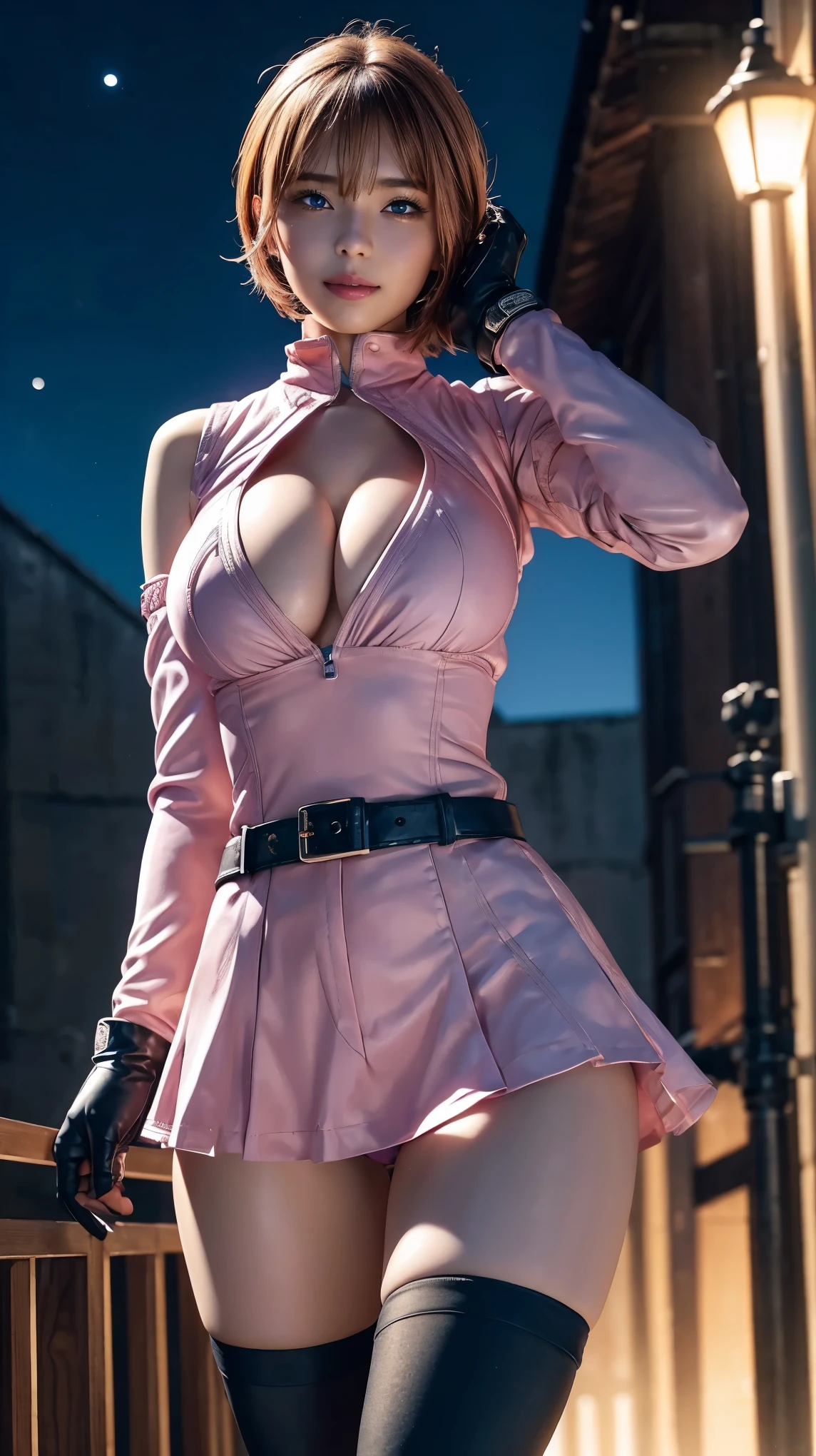 1girl,cowboy shot, beautiful nora_valkyrie, looking at viewer, smile, short hair, blue eyes, cleavages cutout, gloves, tights jacket, pink shorts skirt, pink belt, short sleeves, puffy sleeves, single armband, fingerless gloves, orange hair, pink gloves, dynamic pose, night, outdoors, city, (volumetric lighting), best quality, masterpiece, intricate details, tonemapping, sharp focus, hyper detailed, trending on Art Station, big breasts and slender body 