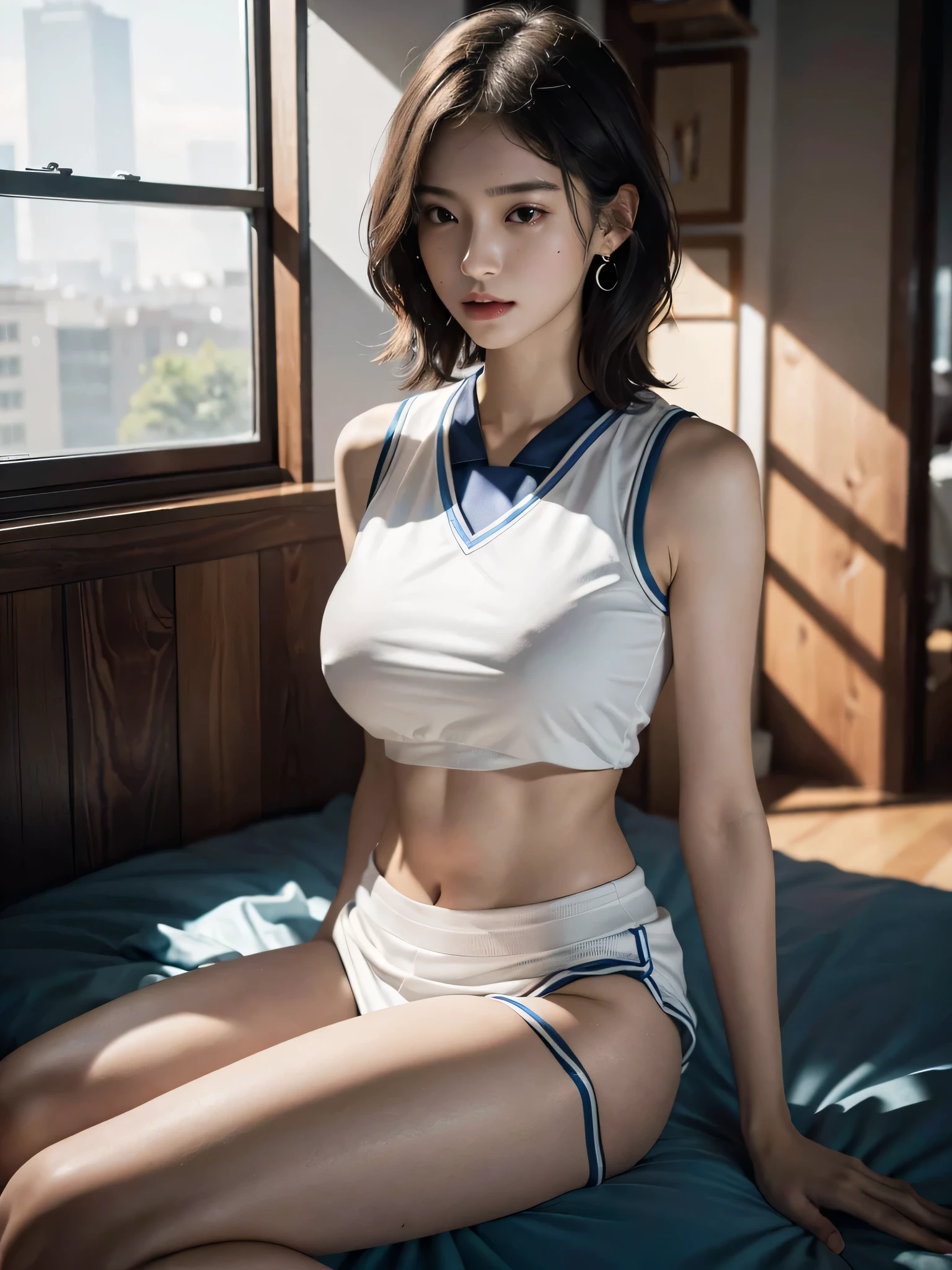 disorganized, RAW photo, very delicate and beautiful, masterpiece, highest quality, ultra high resolution, 16k, surreal, super detailed, perfect anatomy, super dense skin, perfect figure, Highly detailed CG 8k wallpaper, 20's, very slim body, tight waist, very small head, very small face, delicate facial features, tearful mole, earrings, thin legs, (very huge round breasts:1.2), (full body shot:1.2), (1 girl:1.1), short hair, wavy hair, (basketball uniform:1.2), No sleeve, abdomen,
