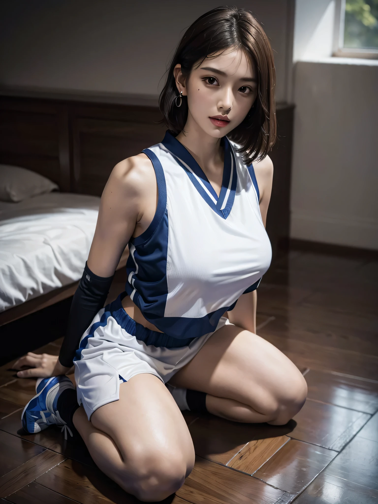 disorganized, RAW photo, very delicate and beautiful, masterpiece, highest quality, ultra high resolution, 32K, surreal, super detailed, perfect anatomy, perfect figure, super dense skin, Highly detailed CG 8k wallpaper, 20&#39;s, very slim body, tight waist, very small head, very small face, delicate facial features, tearful mole, earrings, thin legs, (very huge round breasts:1.2), (full body shot:1.1), 1 girl, short hair, (wavy hair:1.2), (volleyball uniform:1.2), No sleeve, abdomen,