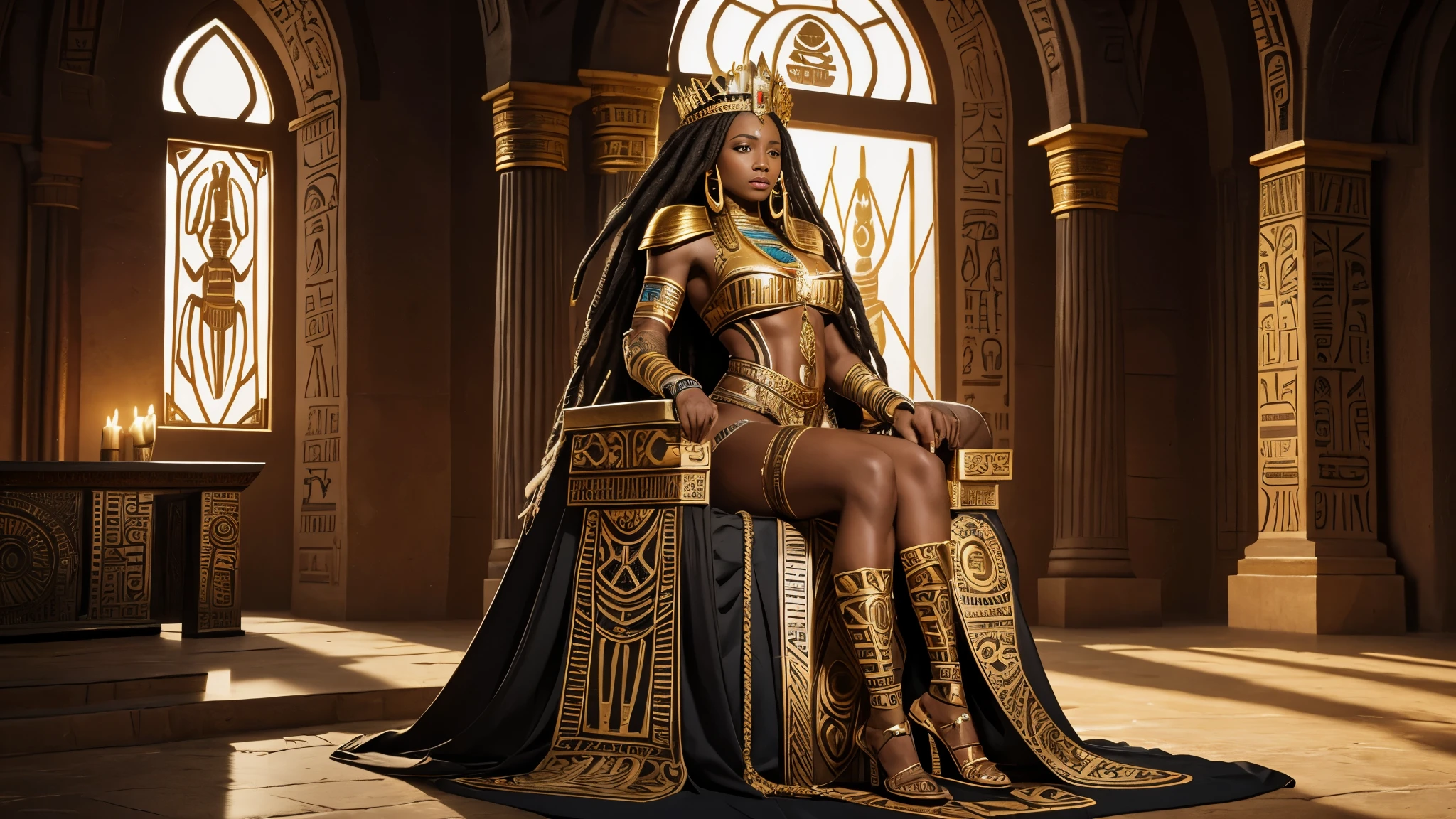 black woman, The African Queen, tribal african clothing, Muscular female body, Big Tits,inside the castle, dreadlocks, White hair, Amazon, armor, tribal tattoos on body, golden tribal crown, sitting on the throne, Egyptian adornments, 