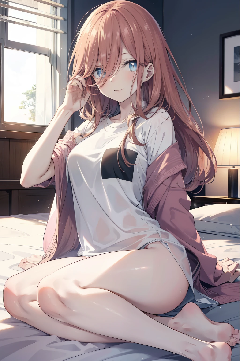 miku nakano, Nakano Miku Ticket III, long hair, bangs, blue eyes, brown hair, hair between eyes, wake up,sleepy,slightly open t-shirt,black string underwear,barefoot,smile,Bedroom,light goes out, covered with a blanket, windows,ロマンチックなmorning日,morning,extreme light,
break indoors, Bedroom,
break (masterpiece:1.2), highest quality, High resolution, unity 8k wallpaper, (shape:0.8), (beautiful and detailed eyes:1.6), highly detailed face, perfect lighting, Very detailed CG, (perfect hands, perfect anatomy),