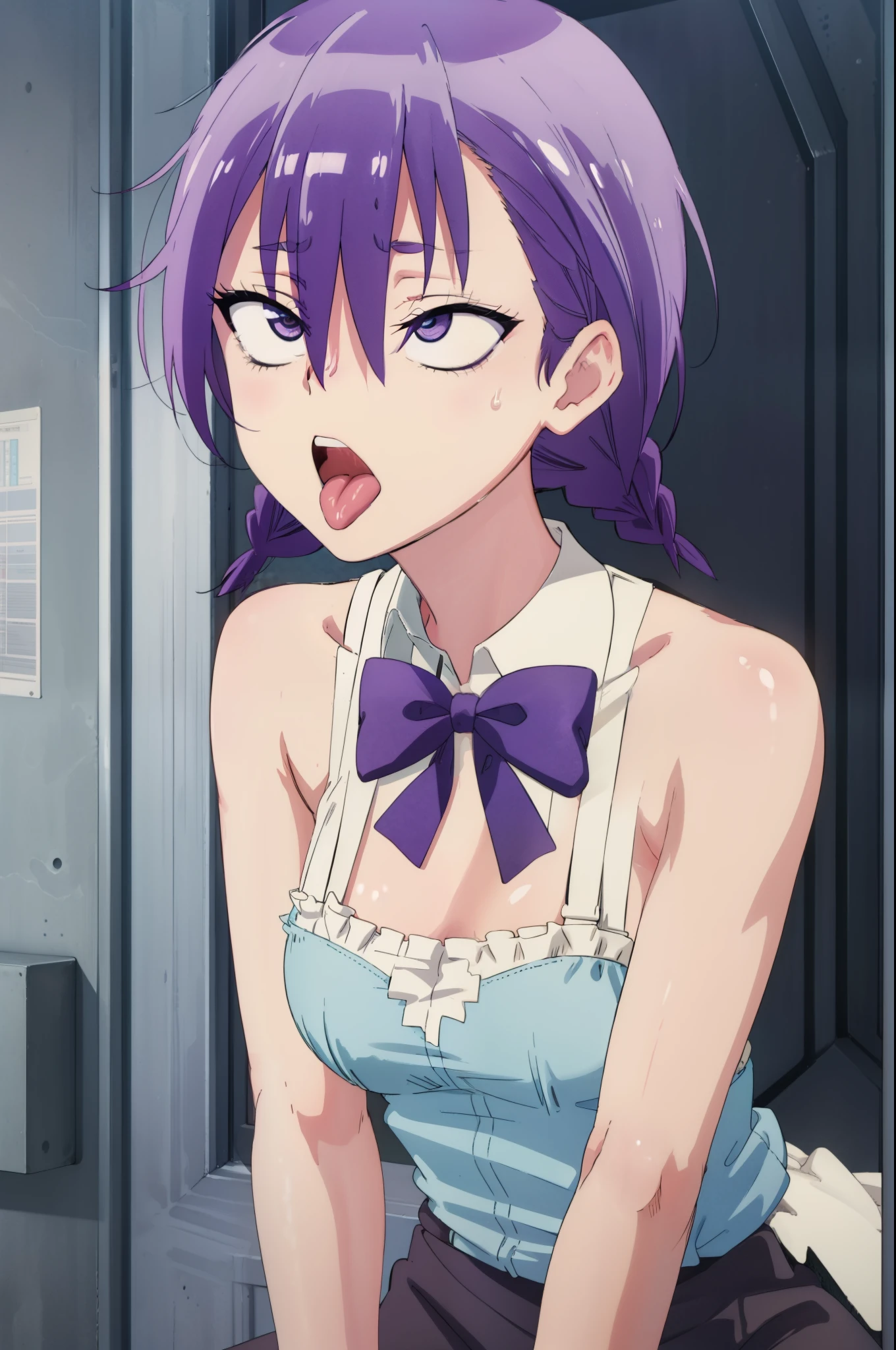 A large amount of all over the body on the chest and tongue, taken from the front , solo, delicate face, long eyelashes, medium cleavage, tartan check, music room, angle from above, short hair hair, explosions, eyes purple, shirt, long-sleeved, dress, bow, purple hair, shirt, sleeveless, bowtie, purple bowtie, hair between eyes, street, (mediuml breasts:1.2), BREAK light blue underwear, sweat, thin, mouth wide open, tongue out, ahegao, crawling on all fours, A large amount of white yogurt on the chest and tongue, Break outside, BREAK (巨作:1.2), Best Quality, high-resolution, unity 8k wallpaper, (illustration:0.8), (Beautiful Detailed Eyes:1.6), extremely detailed face, perfect illumination, highly detailed CG, (perfect hands, perfect anatomy),