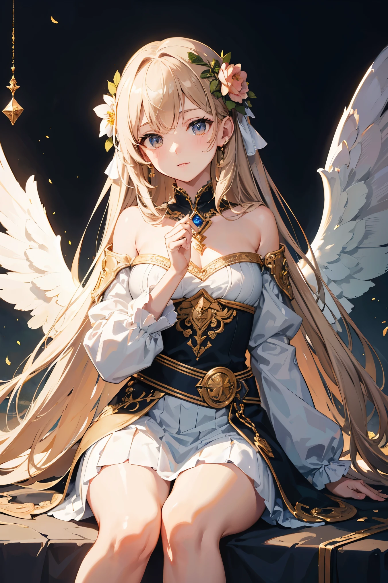 official art, masterpieceヨーロッパ女性, Angel, white wings, light brown hair , brown eyes, (masterpiece、highest quality、High resolution: 1.4),In 8K, anime art nouveau, Highly detailed exquisite fan art, anime fantasy illustration, clean detailed anime art, detailed anime art, sharp focus, Delicate and beautiful hair, eyes and face, realistic, super detailed, flower garden, sunlight,