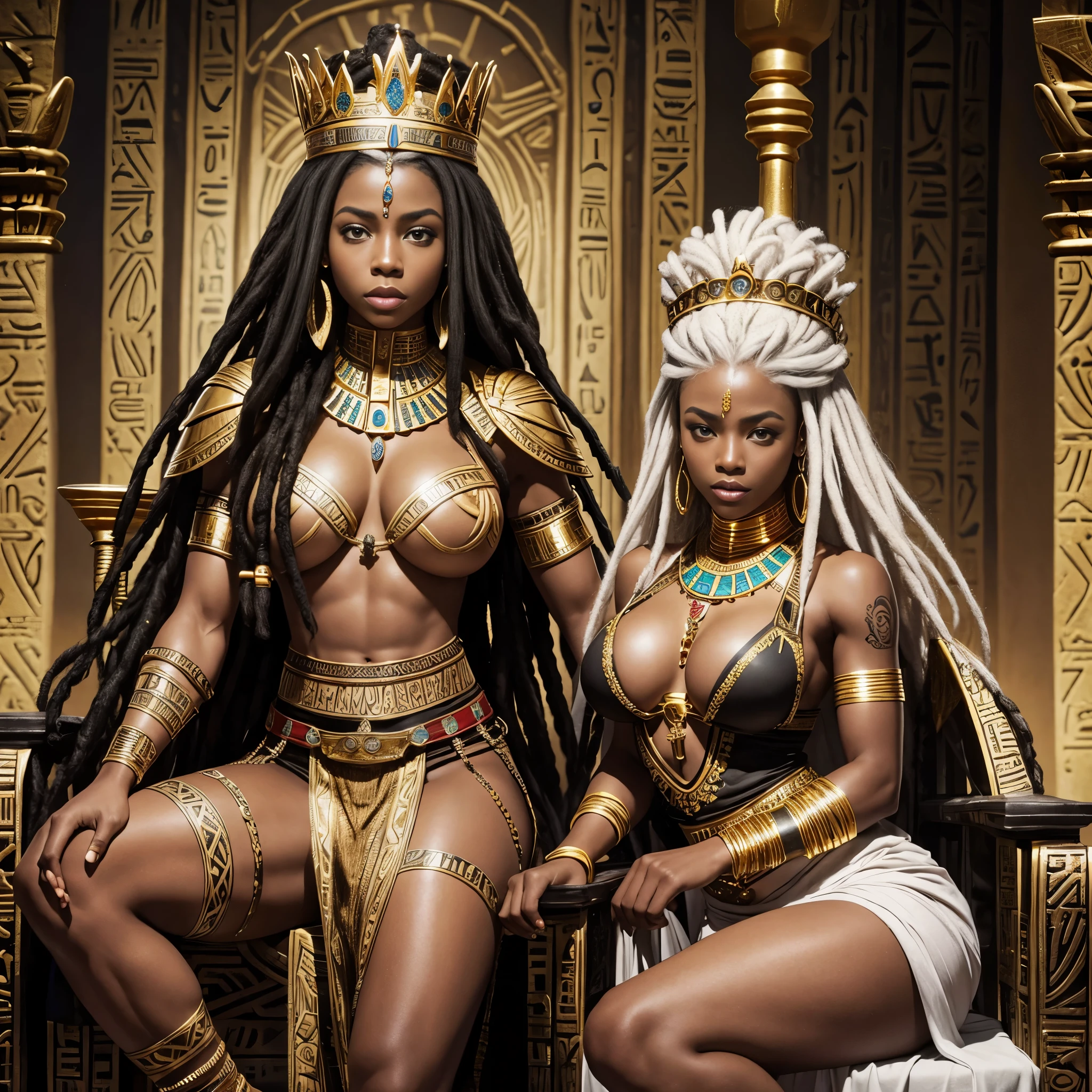 Black woman, African queen, tribal African clothes, muscular feminine body, big tits,inside the castle, dreadlocks, white hair, Amazon, armor, tribal tattoos on the body, gold tribal crown, sitting on the throne, Egyptian jewelry, 