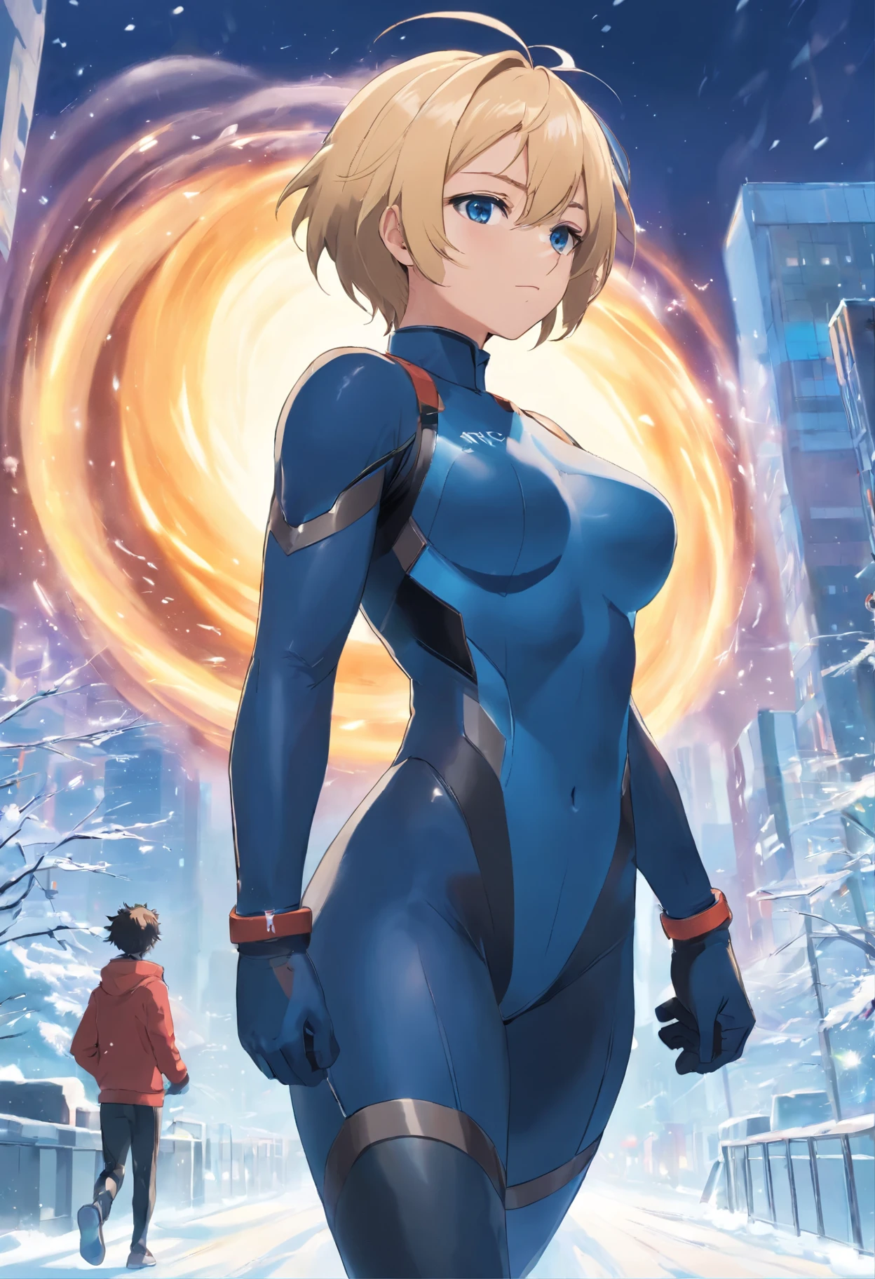 1 male human、a blond、Huge ass、black rubber suit、blue eyess、Large, thick thighs、short-haired、wide hips、musculature、run、snow blowing、kou