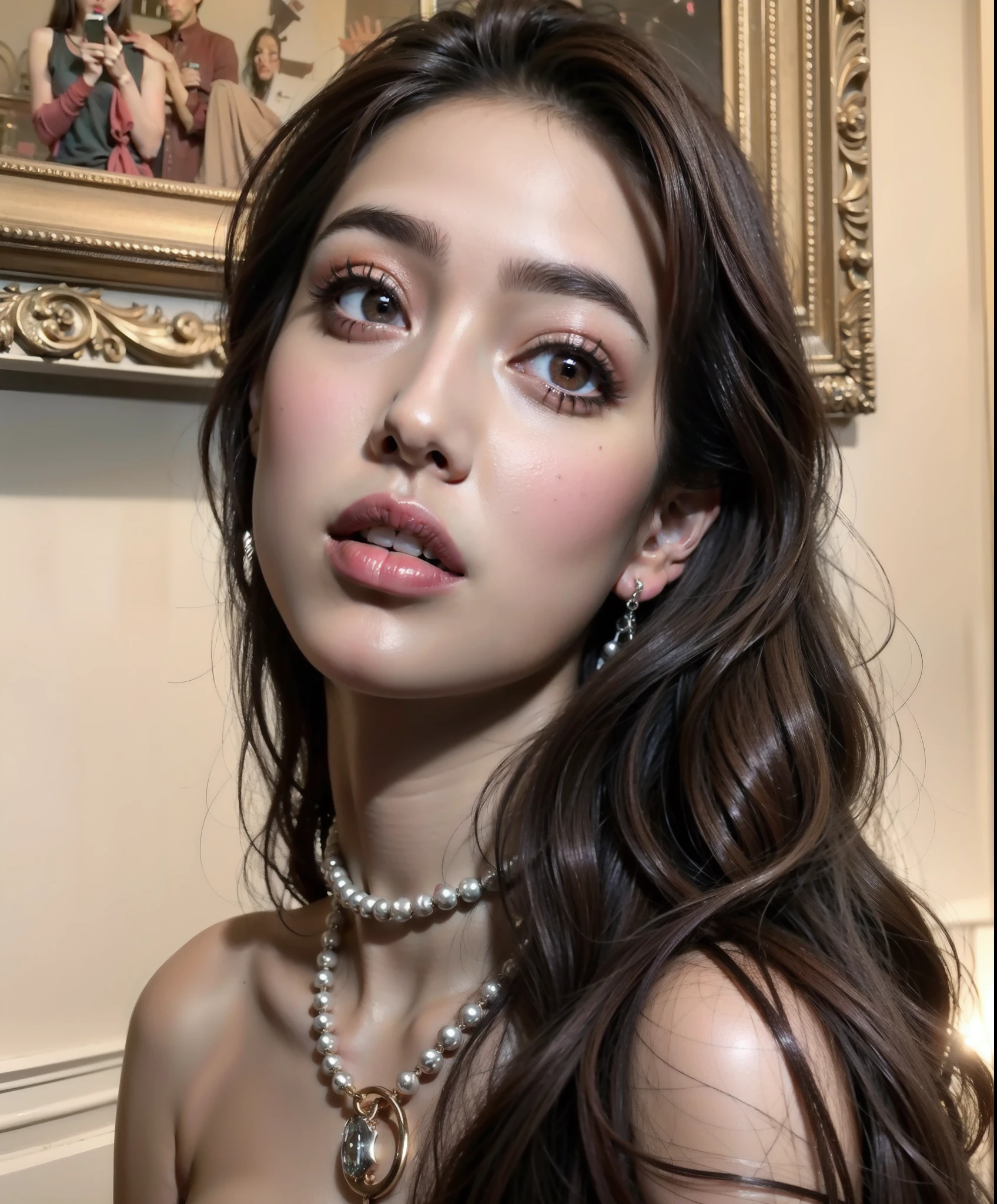 un primer plano de una mujer con cabello largo que lleva un collar, Retrato de Sophie Mudd, chica con un arete de perlas, 19 year old girl, 18 years, brown hair and big eyes, Mister, cara sexy con maquillaje completo, mirada sensual, anna nikonova aka newmilky, Cara extremadamente hermosa, foto de perfil en la cabeza, blackpink Jennie