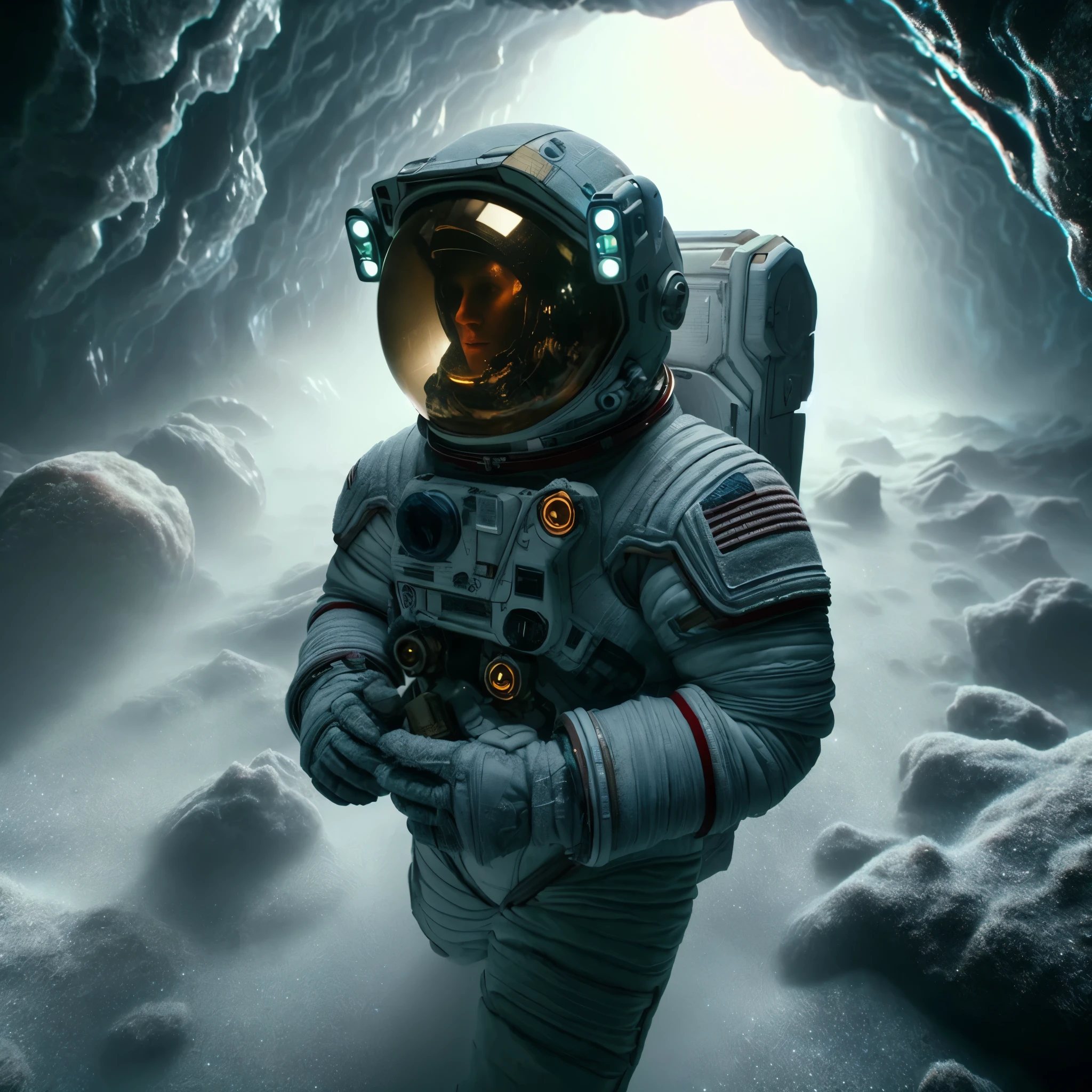 astronaut in a space suit standing in a cave with a light shining through the window, astronaut lost in liminal space, astronaut below, beeple. octane render, creepy astronaut, beeple and tim hildebrandt, from a 2 0 1 9 sci fi 8 k movie, an astronaut is under the sea, beeple and mike winkelmann, detailed astronaut