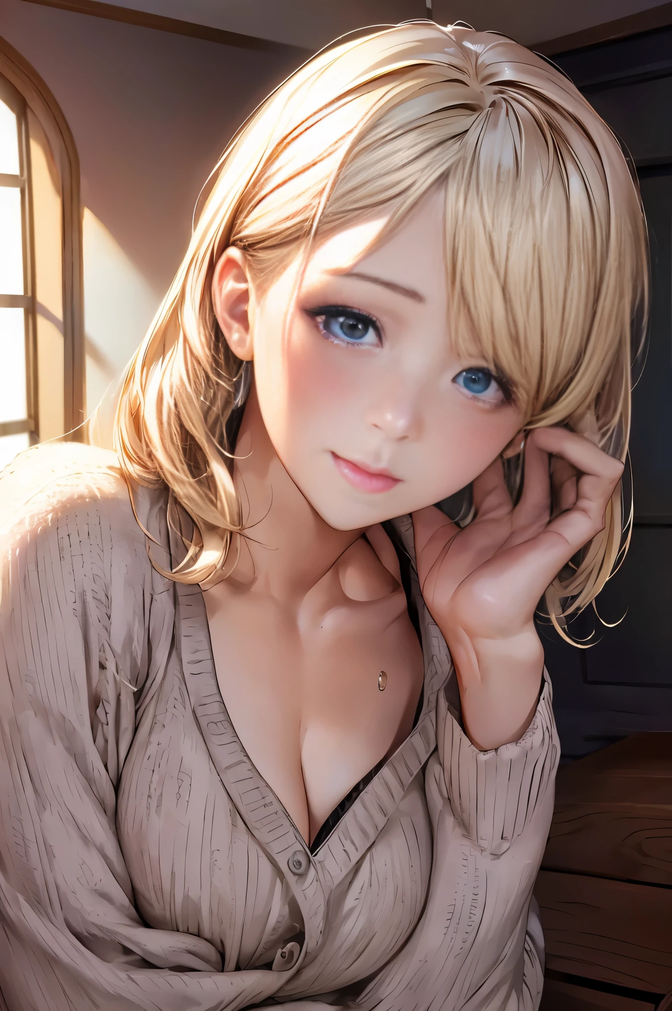 (Masseter muscle part:1.3)、(8k、Photoreal、RAW photo、highest quality: 1.4)、(1 girl)、beautiful face、(lifelike face)、(platinum blonde hair)、beautiful hairstyle、realistic eyes、beautiful details、(real looking skin)、beautiful skin、(shirt、cardigan)、absurd、Charm、ultra high resolution、surreal、high detail、golden ratio、symmetrical、grassland, perfect anatomy, perfect anatomy