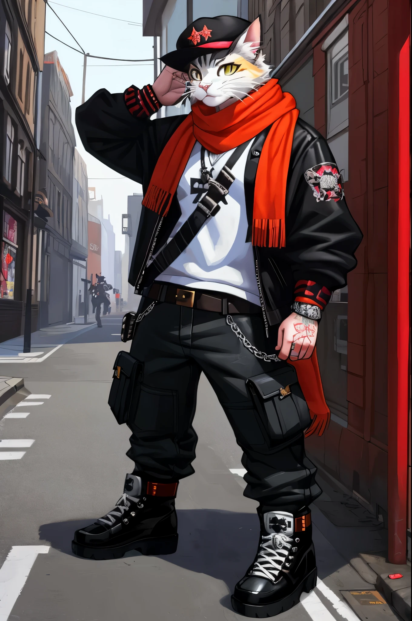a painting of a cat wearing a hat and scarf, trending in the art station, dressed in punk clothes, detailed hyper realistic rendering, british gang member, street style, intimidating pose, planet of the cats, clothes with fashion, urban samurai, meow, west slavic features, 8 1 5