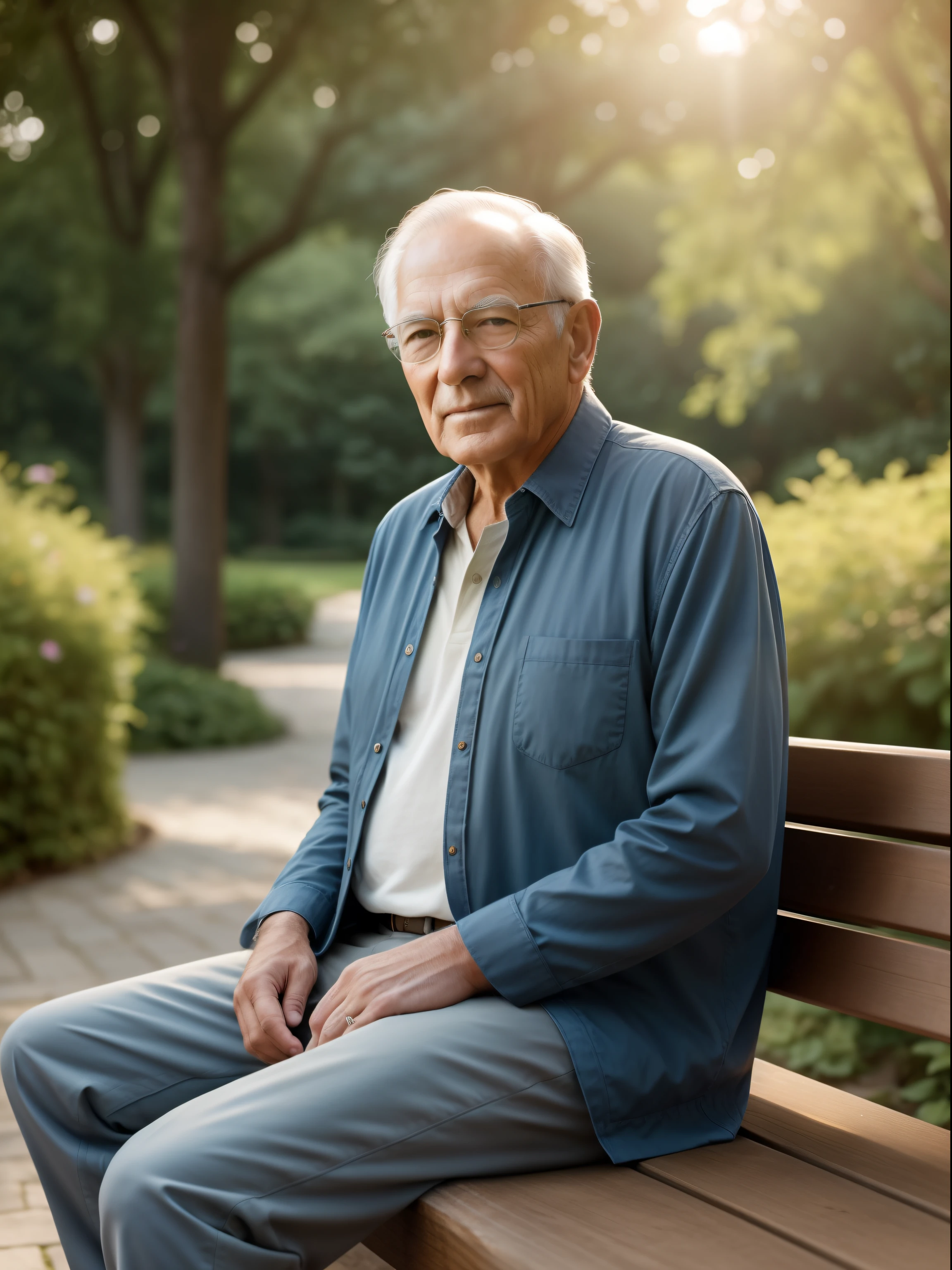 A personal portrait of a very handsome old man sitting on a wooden bench in a lush park on a beautiful sunny day. Captured with a Sony α7 III camera and a 85mm lens at F 1.2 aperture, the background is blurred to isolate the subject. The park is filled with vibrant greenery and colorful flowers and natural sun Lighting, providing a natural and peaceful atmosphere. Dreamy sunny lighting creates a soft and warm glow that gently illuminates the subject's features, enhancing his natural and peaceful handsome. The image is shot in a photorealism mode to deliver an ultra-realistic image that truly captures the subject's unique personality.