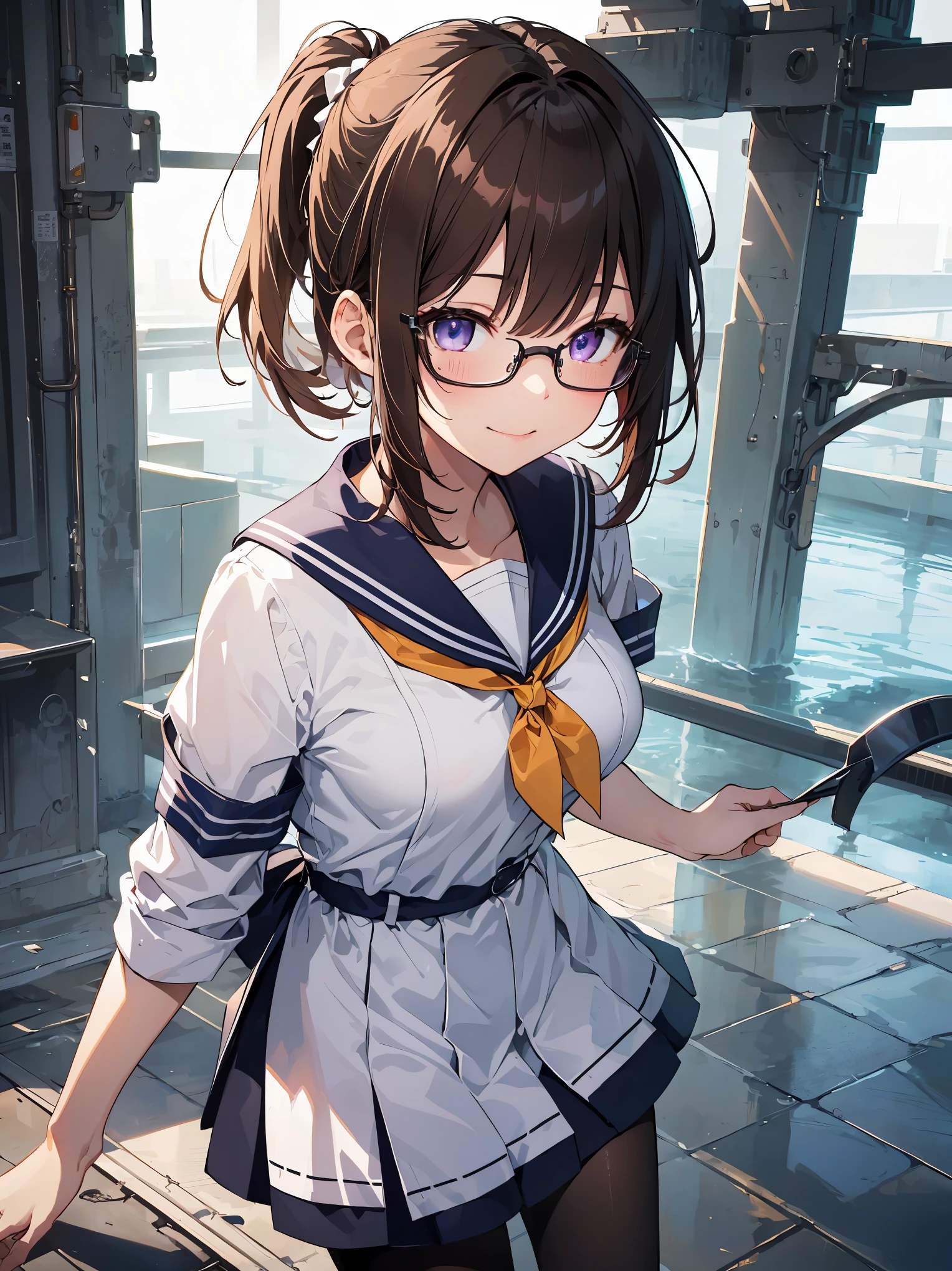 ((masterpiece)), ((highest quality)), (super detailed), ((cute)), cute, (Lovely), ((しんじられないほど超cute)), (device), ((very detailed)), 4k, (8k), highest quality, (beautiful), water colored pencils, genuineistic, genuine, focus on the face, whole body concentration, School, spring, Beautiful Beautiful Girl, alone, sailor suit, beautiful dark brown hair, beautiful purple eyes, ((beautiful eyes with highlights )), white skin, bob cut ponytail, transparent hair, translucent hair, big breasts, detailed and shiny tights, Glasses, smile, wind effect, reflection effect
