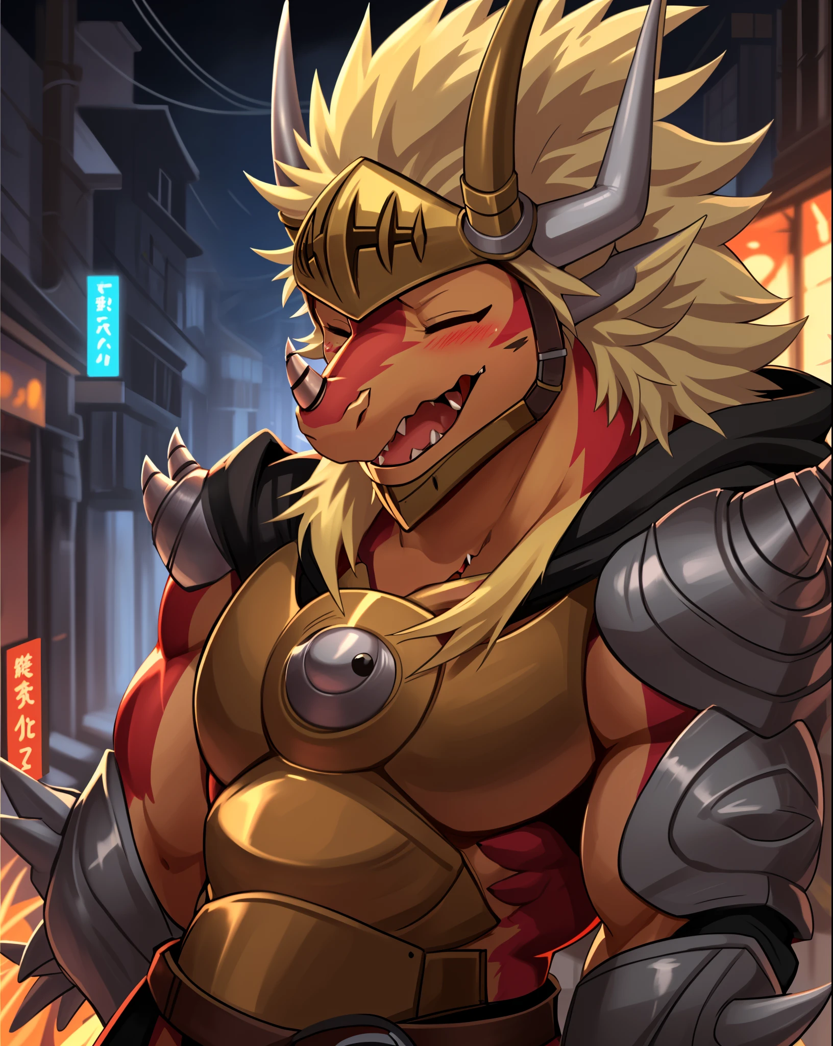 drum bunker dragon, helmet, anthro, dragon, male, armor, solo, horn, claws, scalie, blonde hair, muscular,
bust portrait, one eye closed, laugh, blush,
kemono, detailed background