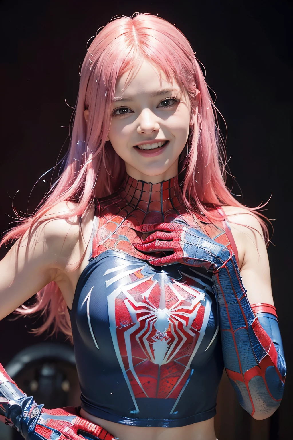 (8K, top-quality, masterpiece:1.2), (reallistic, Photorealsitic:1.37), Super Detail, One girl, (Highly detailed), (beautifully detailed eyes), (of the highest quality), (super detailed ), (masterpiece), (Detailed face), 20yr old, 1 girl, ((pink hair,long hair)), medium breasts, clothed, Perfect Lighting, BREAK, (red and blue spider pattern:1.4), (Spiderman bodysuit:1.5), (glossy and tight:1.3), (cropped top:1.3), (sneakers:1.2), (spider-man logo on chest:1.5), (red gloves:1.4), (web shooter on arm:1.4), BRAKE, (cowboy shot:1.3), (fluffy pink hair:1.4), (cool and confident smile:1.5), (left hand shooting web:1.4), (skyscraper background:1.3), (bright light on subject:1.4), (dark contrast on background:1.4)