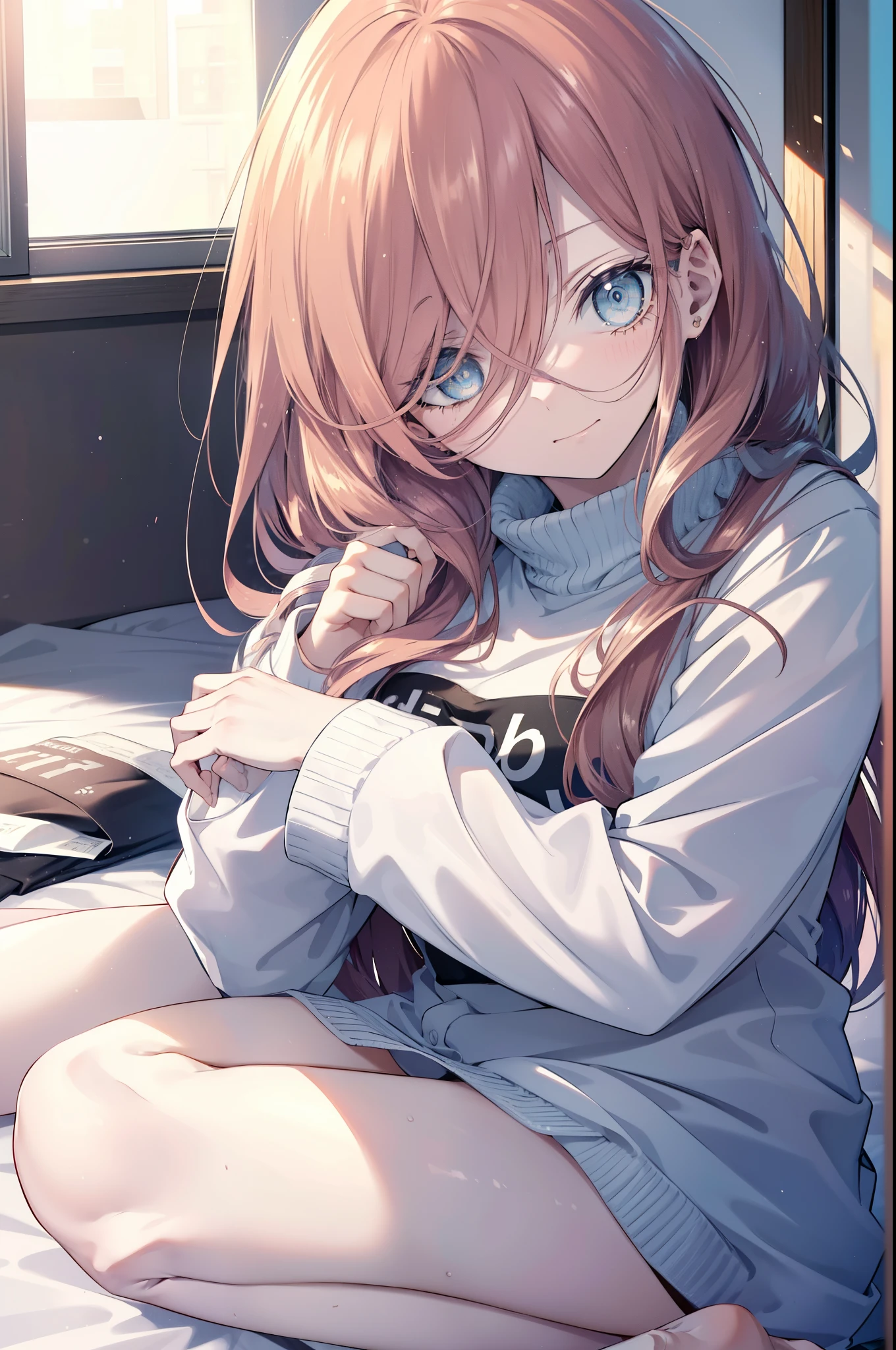 miku nakano, Nakano Miku Ticket III, long hair, bangs, blue eyes, brown hair, hair between eyes, wake up,sleepy,slightly open t-shirt,black string underwear,barefoot,smile，Bedroom，light goes out，  windows，ロマンチックなmorning日,morning,extreme light，Sitting on the bed,whole body,
break indoors, Bedroom, 
break (masterpiece:1.2), highest quality, High resolution, unity 8k wallpaper, (shape:0.8), (beautiful and detailed eyes:1.6), highly detailed face, perfect lighting, Very detailed CG, (perfect hands, perfect anatomy),