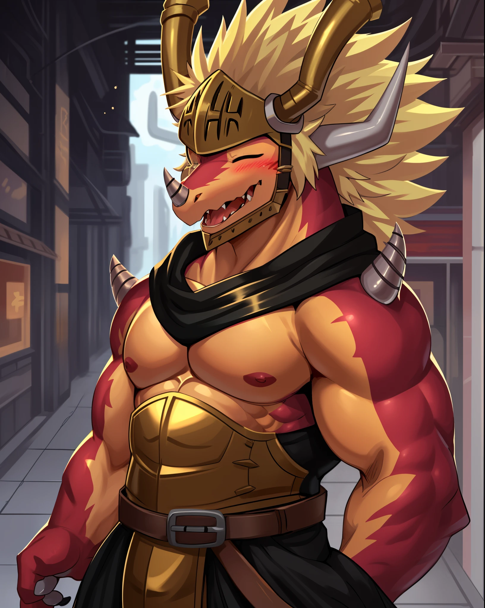drum bunker dragon, helmet, anthro, dragon, male, armor, solo, horn, claws, scalie, blonde hair, muscular,
bust portrait, one eye closed, laugh, blush,
kemono, detailed background