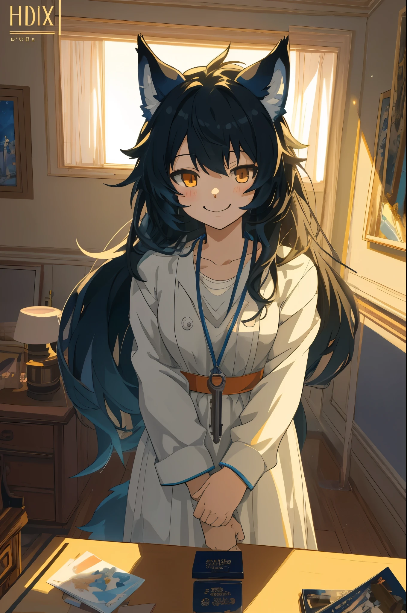 cover page, anime key visual, highres, top quality, best quality, paid reward available, High-quality illustrations, unparalleled masterpiece, perfect artwork, absurdres(home video, 1girl, husband of wolf)family, in house, in room, smile, happy, perfect anatomy, fan-created work shared on platforms Pixiv or Twitter, cinematic lighting,