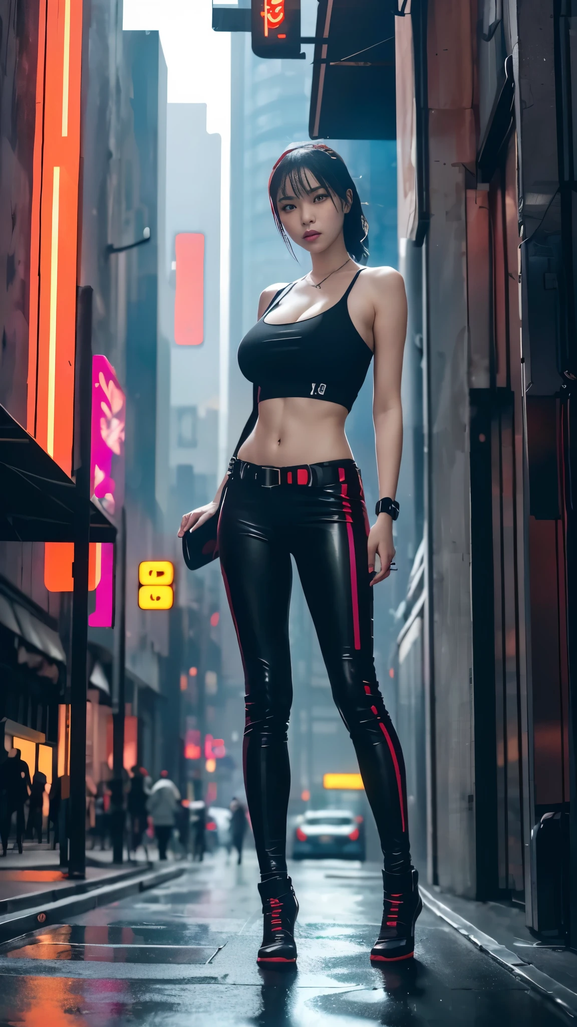 ((Best quality)), ((masterpiece)), (highly detailed:1.3), .... 3D, beautiful (cyberpunk:1.3) , Stylish woman looking at camera, black pants, black t-shirt, big breasts and slender body 