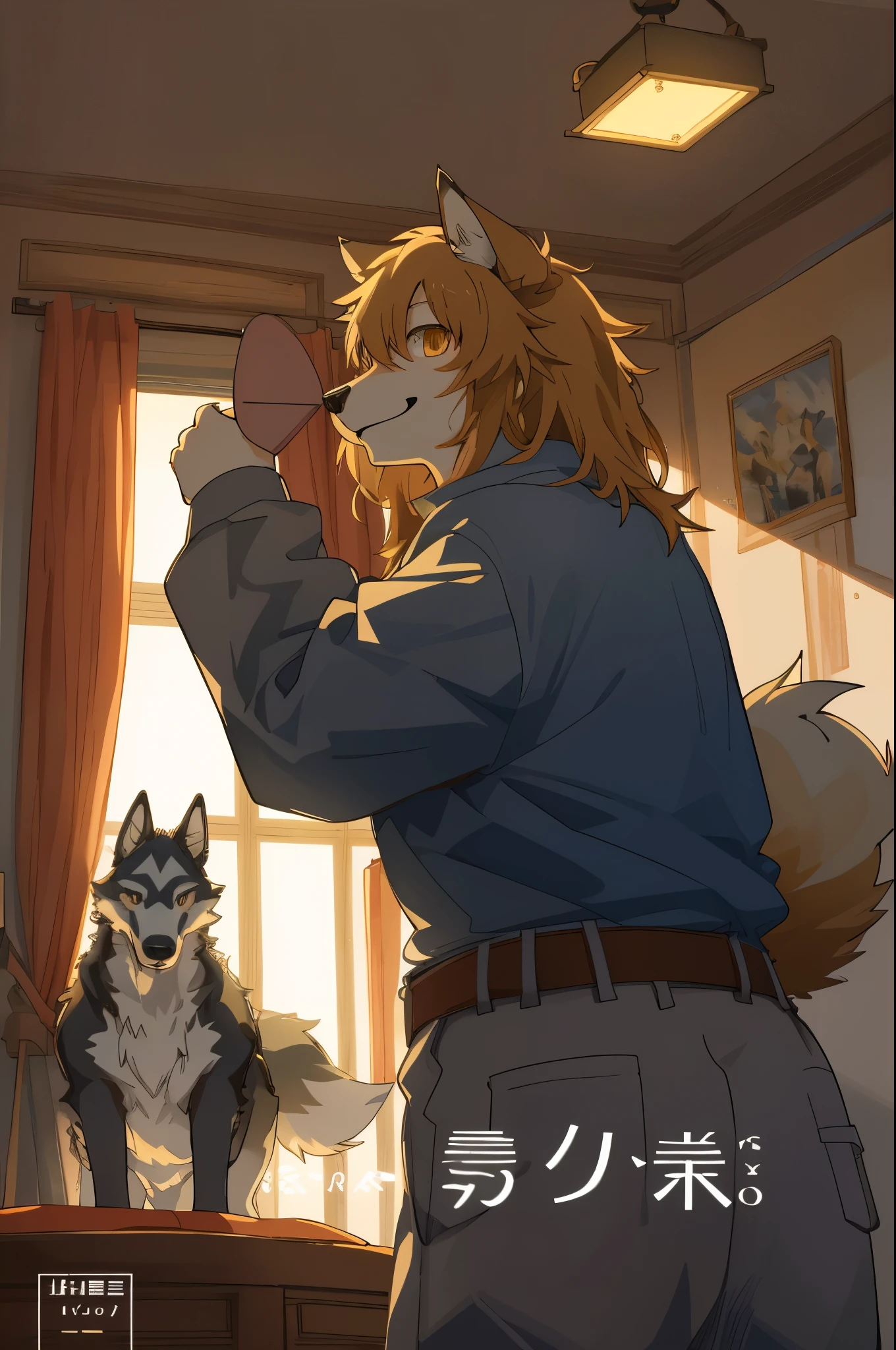 cover page, anime key visual, highres, top quality, best quality, paid reward available, High-quality illustrations, unparalleled masterpiece, perfect artwork, absurdres(home video, 1girl, husband of wolf)family, in house, in room, smile, happy, perfect anatomy, fan-created work shared on platforms Pixiv or Twitter, cinematic lighting,