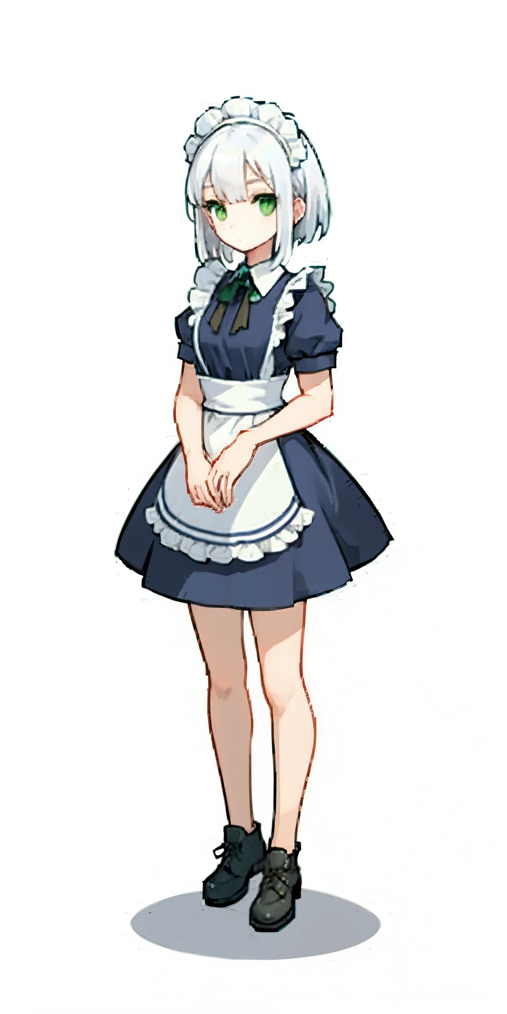 1girl, full body, white hair, green eyes, blue maid dress