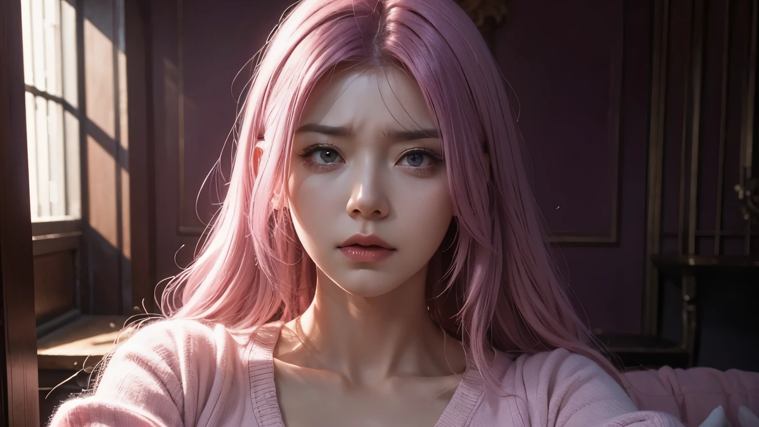 A angry mommy with long light pink soft purple hair, perfect big booba , good quality, detailed beauty face, angry face