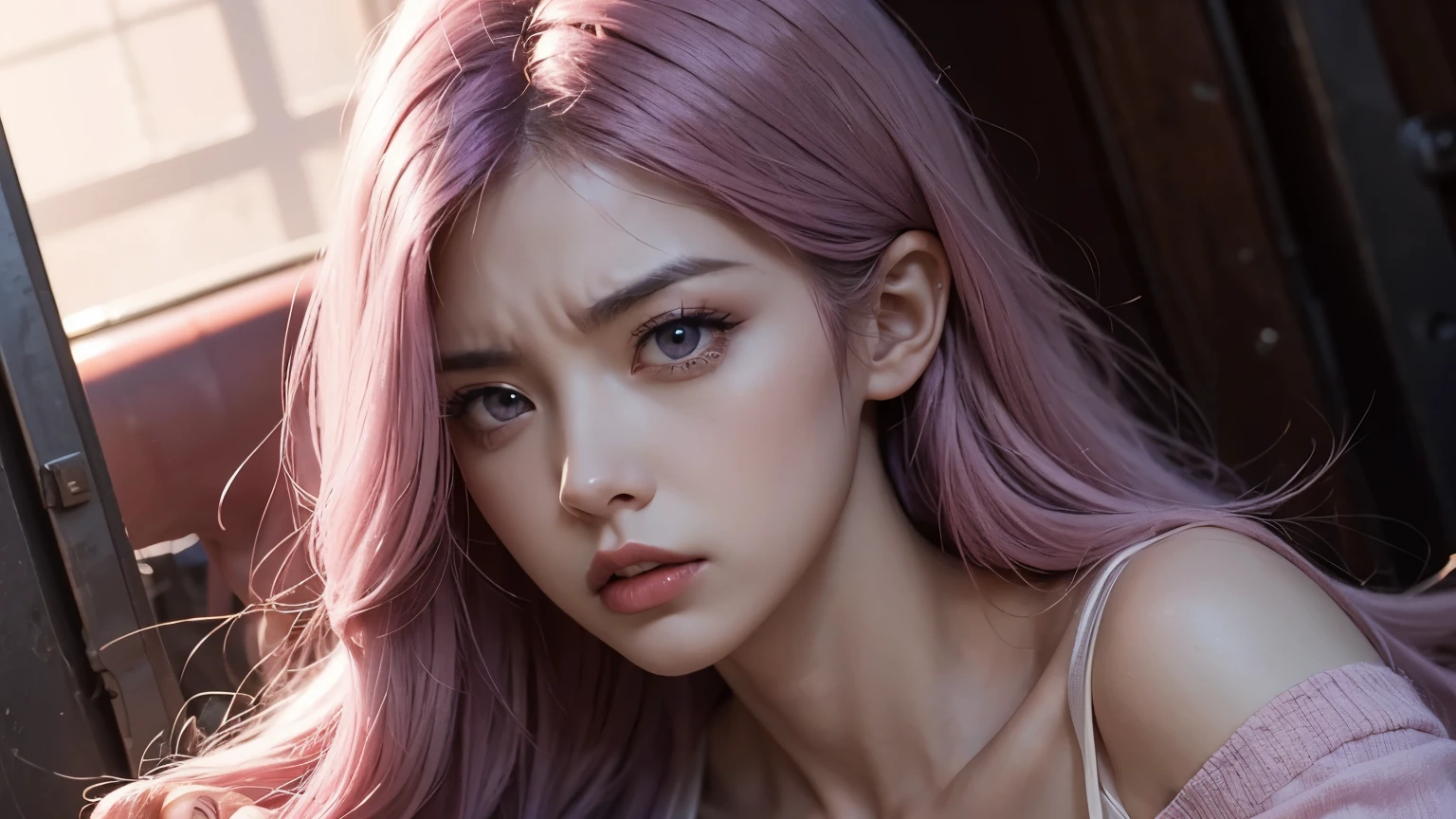 A angry mommy with long light pink soft purple hair, perfect big booba , good quality, detailed beauty face, angry face