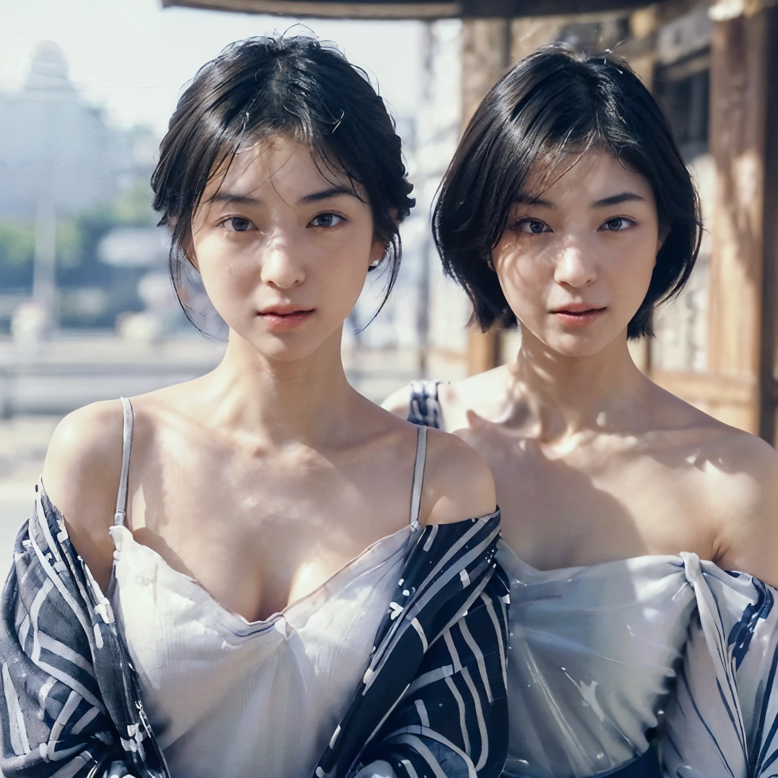 ((realistic lighting, highest quality, 8k, masterpiece: 1.3)), ((clear focus:1.8)), break (2 cute girls, Randomly change face type & two women&#39;s hair:1.7), break (perfect beauty, very clear skin, Very fair skin, super smart, young face、baby face、Faces with random and very beautiful details, detailed face, Beautiful symmetrical face, Beautiful symmetrical eyes, catch light on eyes、Detailed and beautiful eyes Details, large, drooping eyes, hyper detail eyes, Both eyes are in sync and in focus, thin lips、black short hair:1.4), break ((7 tolls, ramp shoulder, narrow shoulders, thin upper chest, Thin under the chest, thin waist:1.5), (very big breasts, soft chest:1.7)), (random color, random hair:1.5), (exquisite beautiful face) break (off shoulder yukata:1.5), slim body shape, break (random emotions:0.8, Random poses that are conscious of body lines synchronized with emotions, random angle, random position, random position:1.5), (Enjoy Japanese summer festivals:1.5), double eyelid,