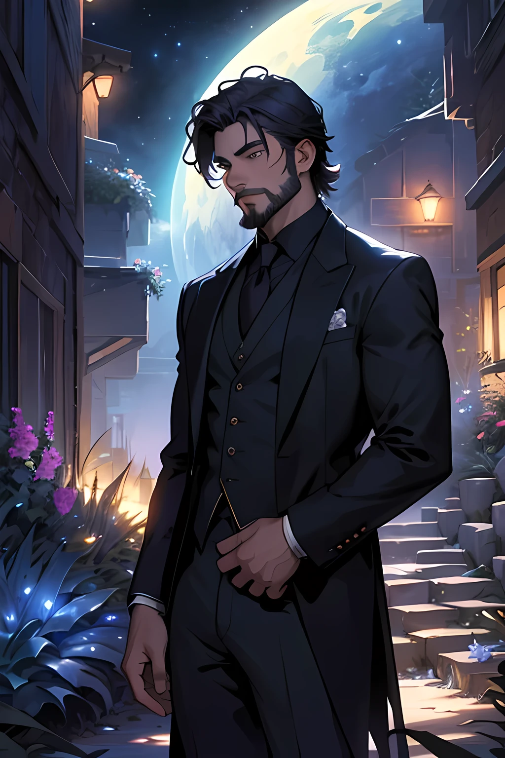 Draw a young alchemist in her secrety garden. Dramatic lighting from distant stars and planets illuminates the scene, casting deep shadows on the suit. The young man looks confident, and determined, looking at the vast and mysterious universe with wonder and respect,facial hair, cowboy shot
